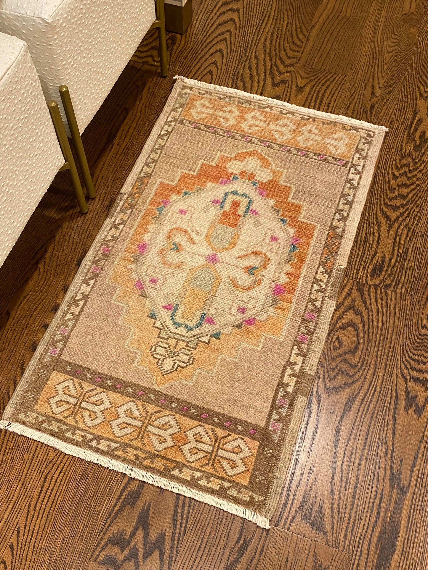 1’8”x2’11” vintage Oushak mat with multicolor geometric pattern