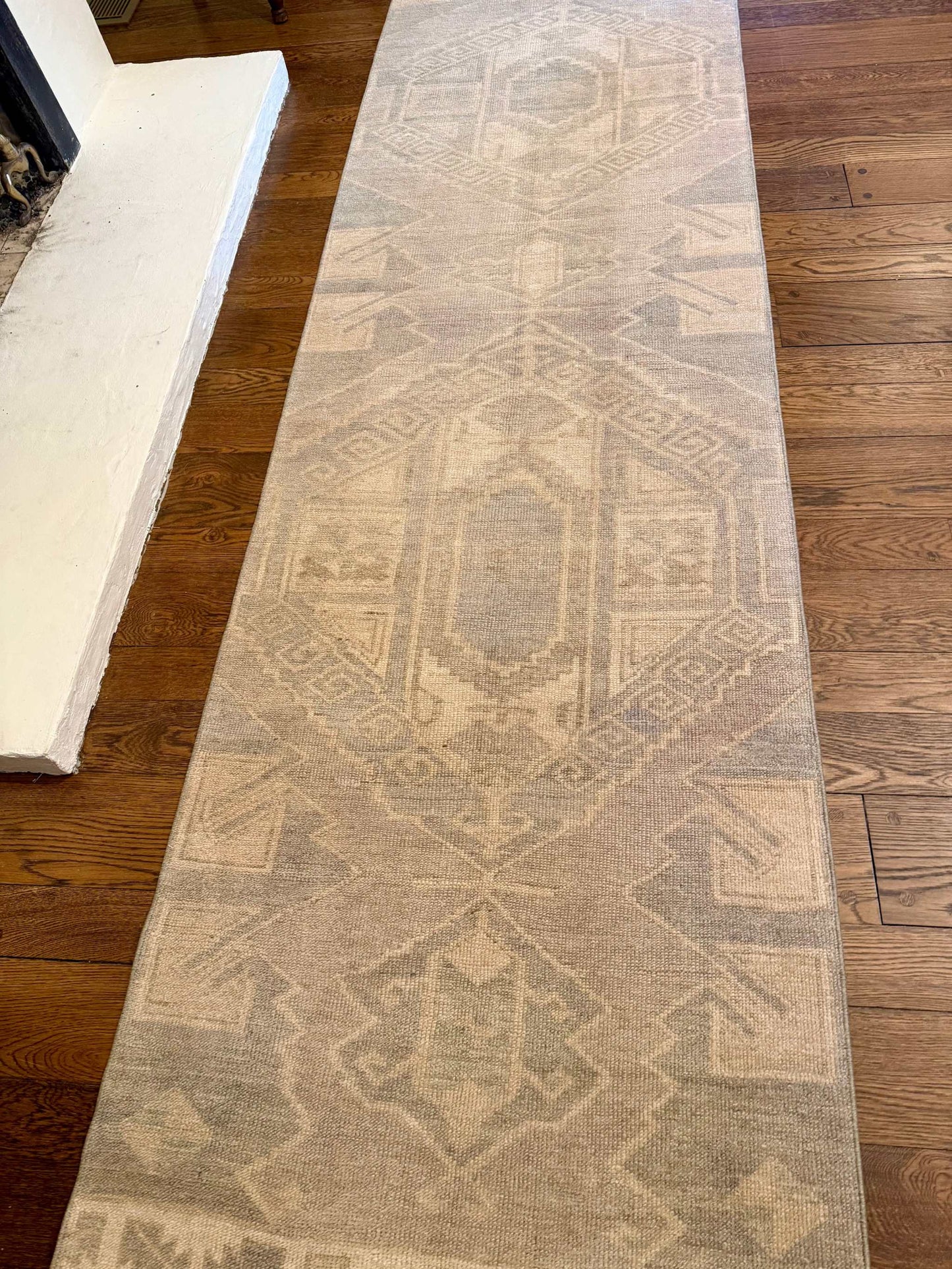 Vintage Turkish runner rug 3’2”x11’7” with muted gray, cream, and beige colors