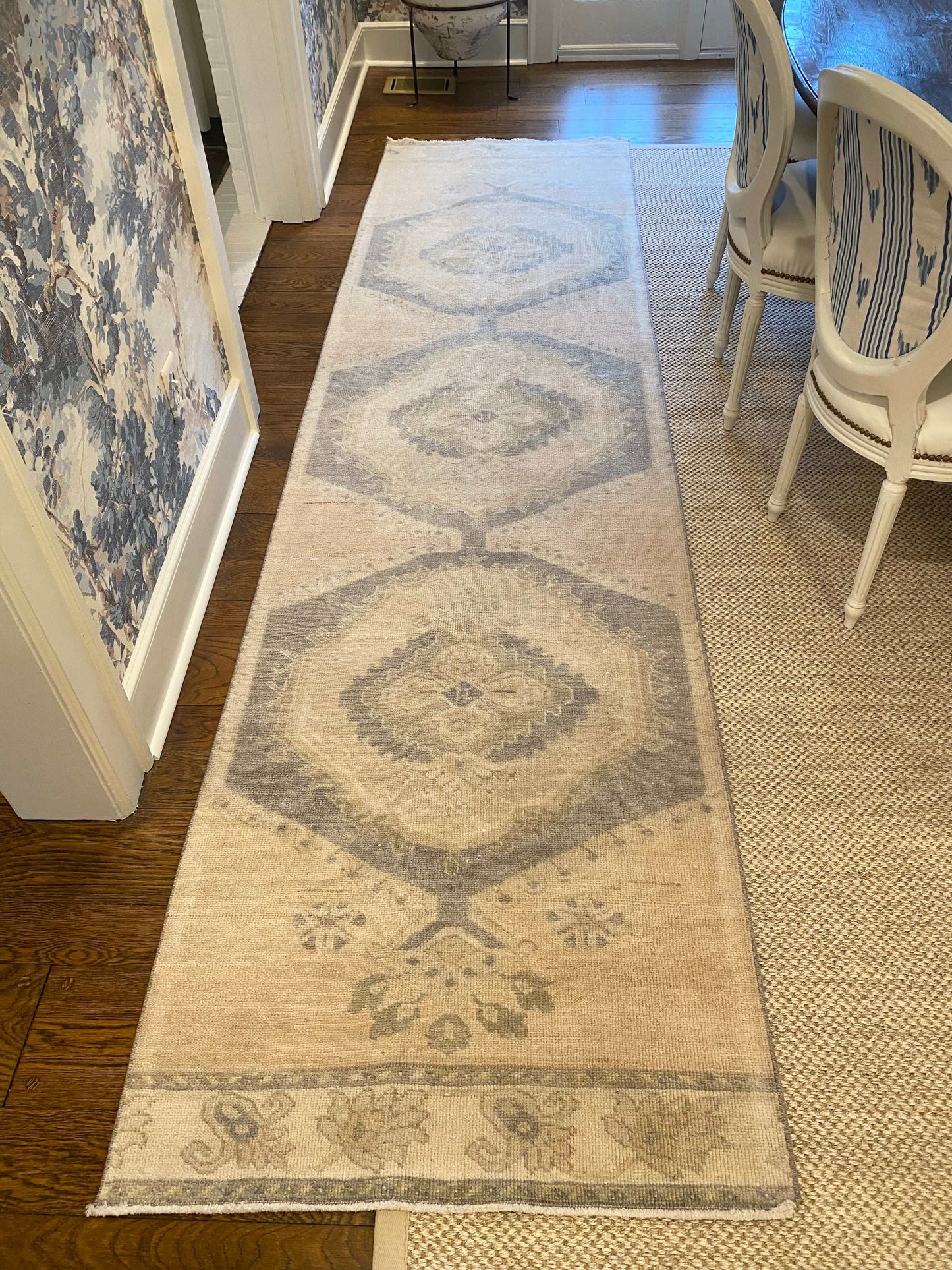 Vintage Oushak runner with light beige background and blue, cream, and green accents, 3'x11'9".