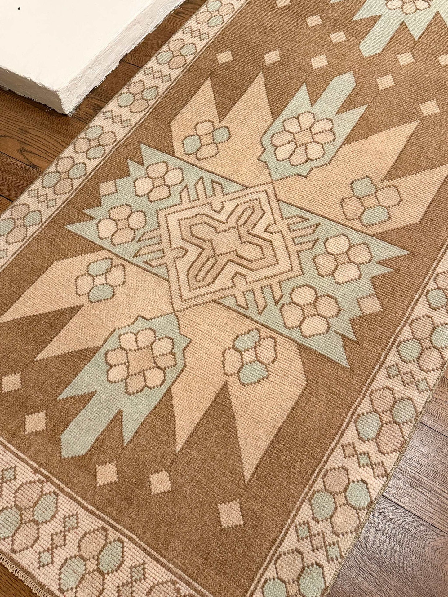 3’4”x12’5” Vintage Turkish runner with beige, brown, blue, and cream colors