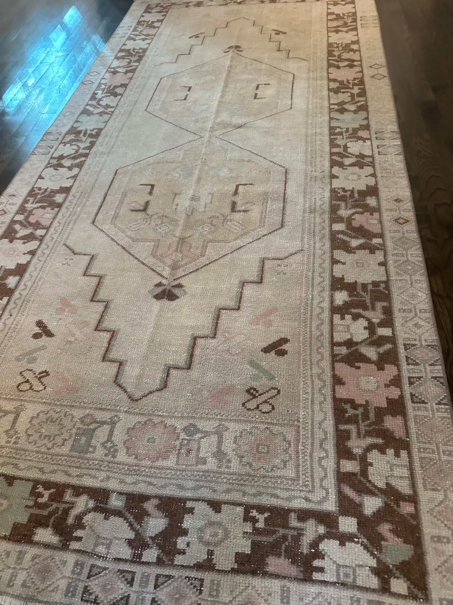 3’10” x 8'2" area rug with intricate brown border design.