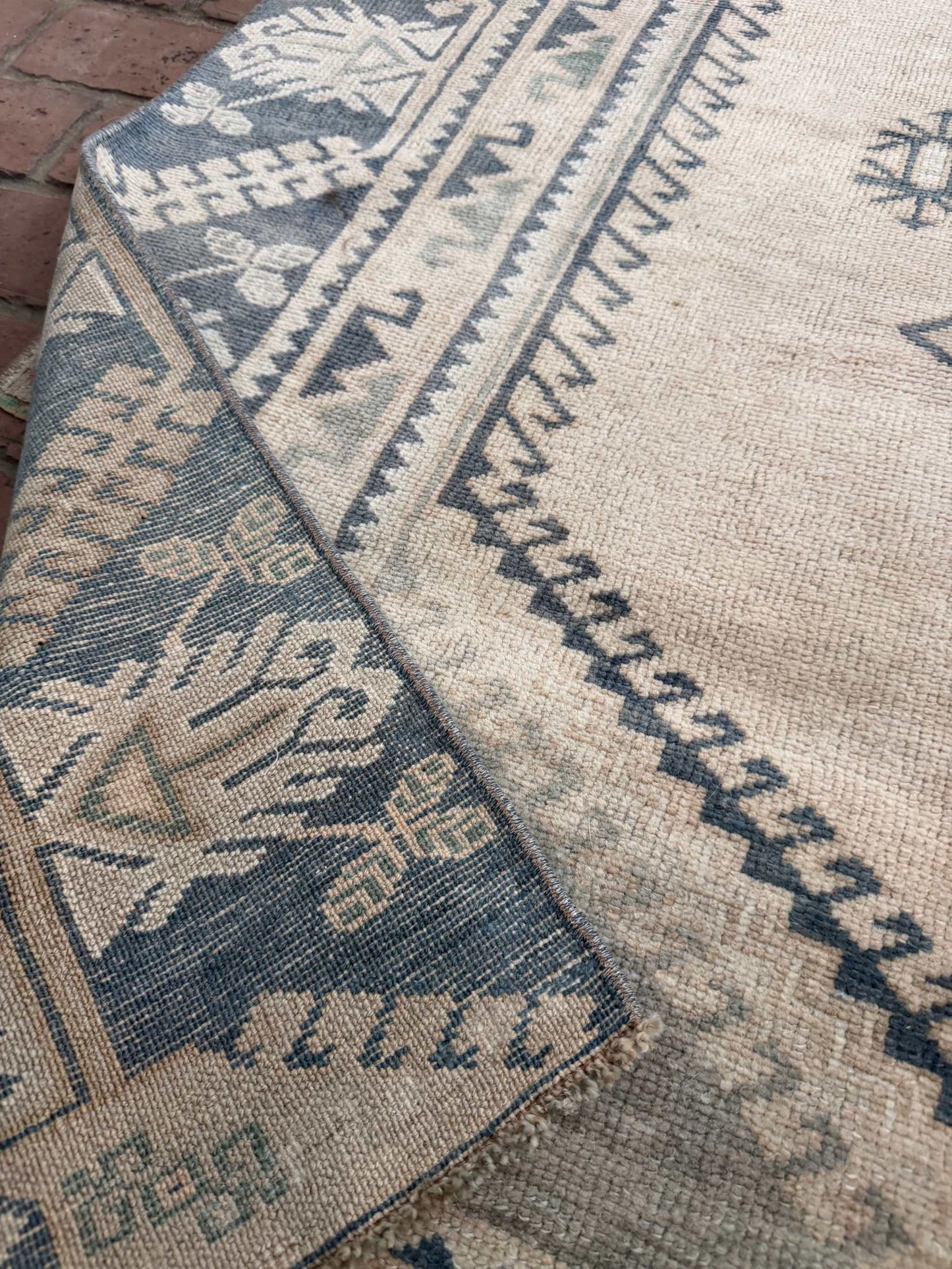 Handcrafted 4'3" x 8'3" Turkish rug in blue and taupe wool with traditional artisan knots