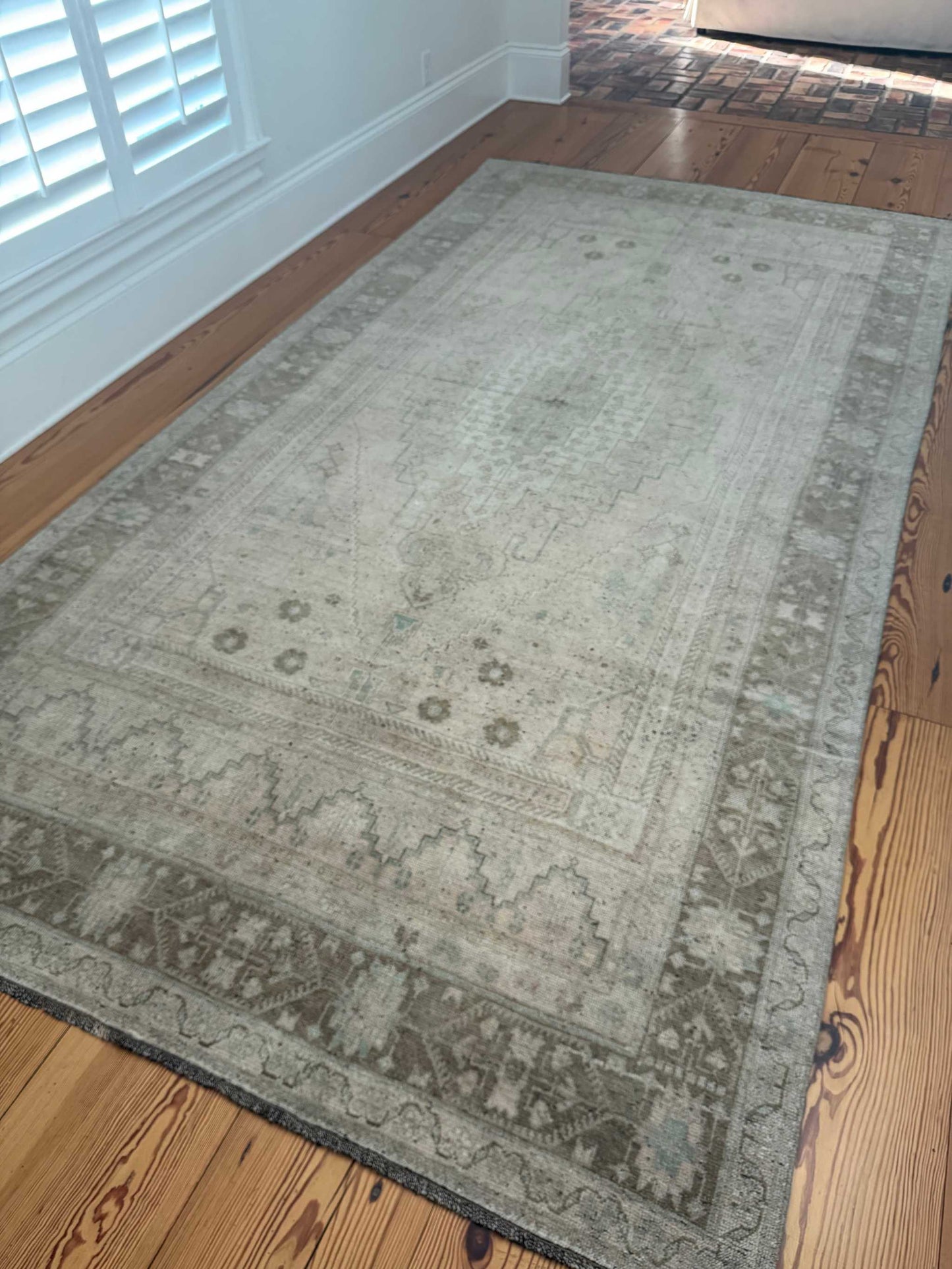 Handknotted large gallery area rug in warm beige and brown tones, 6' x 11'9" vintage Turkish runner