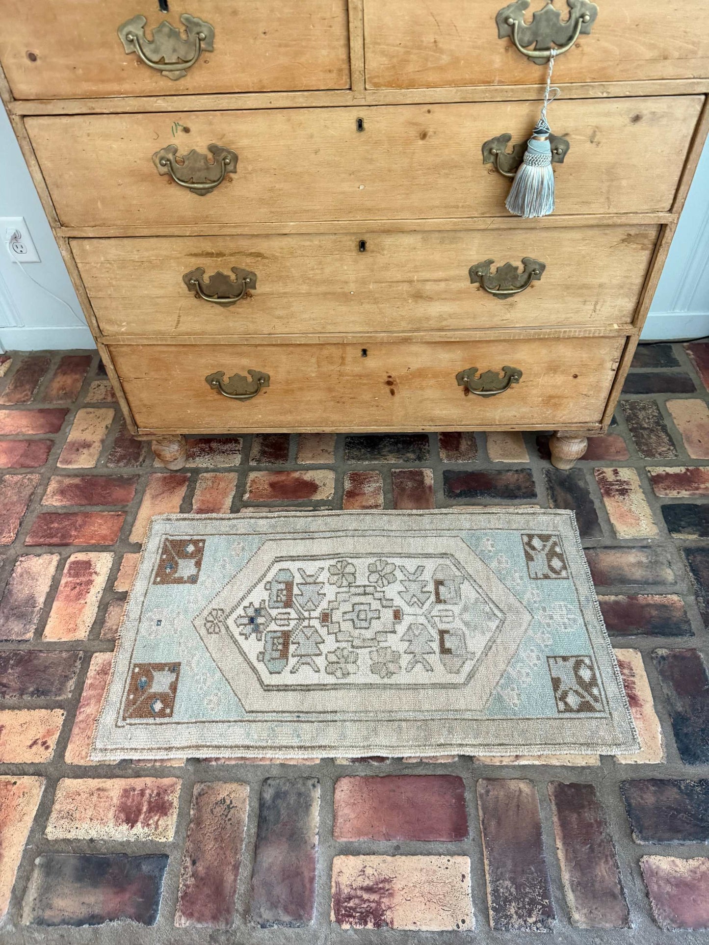 Small vintage Oushak rug hand-knotted wool pale blue beige brown