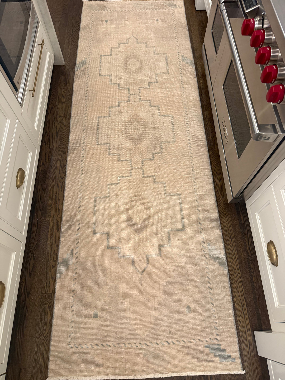 2’11” x 9’1” Runner, neutral beige rug with faded blue geometric medallion pattern and bordered edges