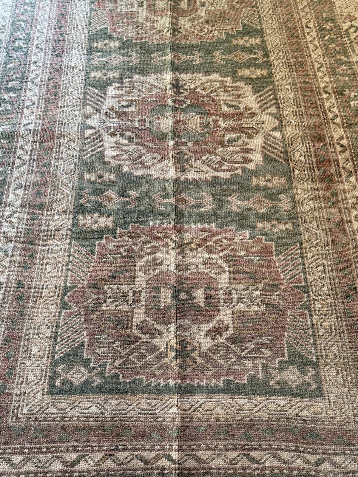 4’4”x6’5” Olive Green and Dusty Rose Vintage Area Rug