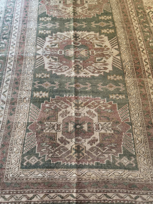 4’4”x6’5” Olive Green and Dusty Rose Vintage Area Rug