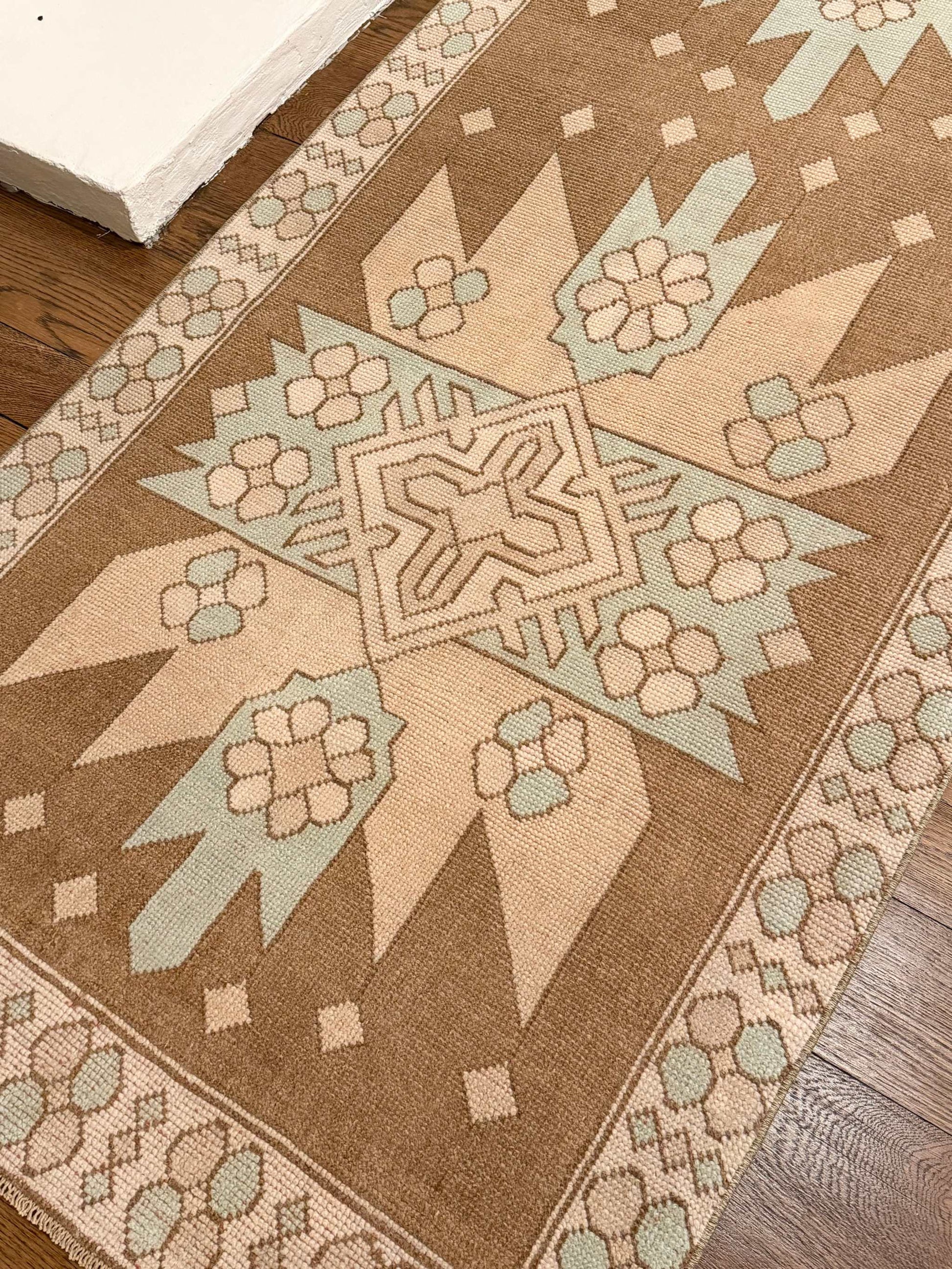 3’4”x12’5” Vintage Turkish runner with beige, brown, blue, and cream colors