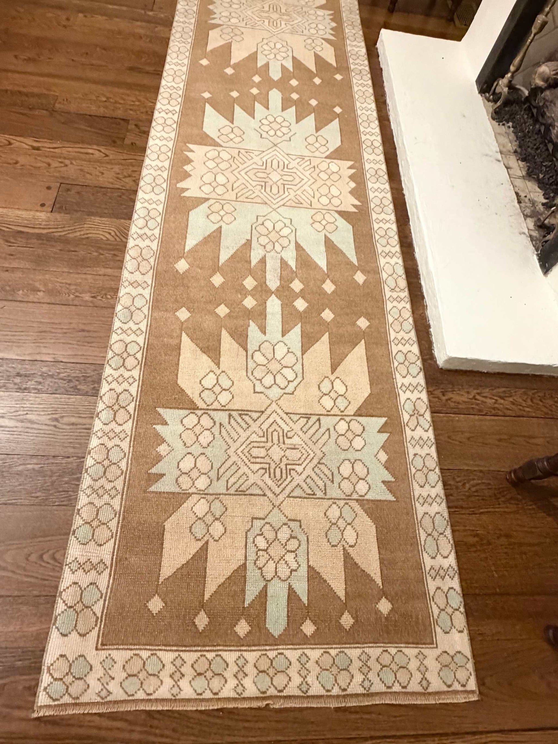 3’4”x12’5” vintage Turkish runner rug with beige brown blue and cream colors
