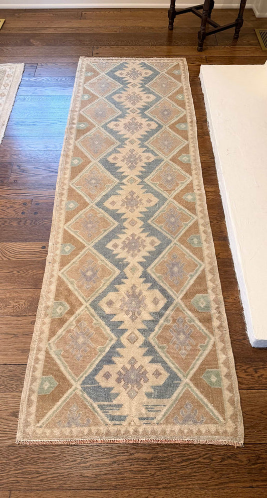 2’9”x8’6” stunning Turkish runner rug with soft blue, brown, cream, lavender, and aqua colors