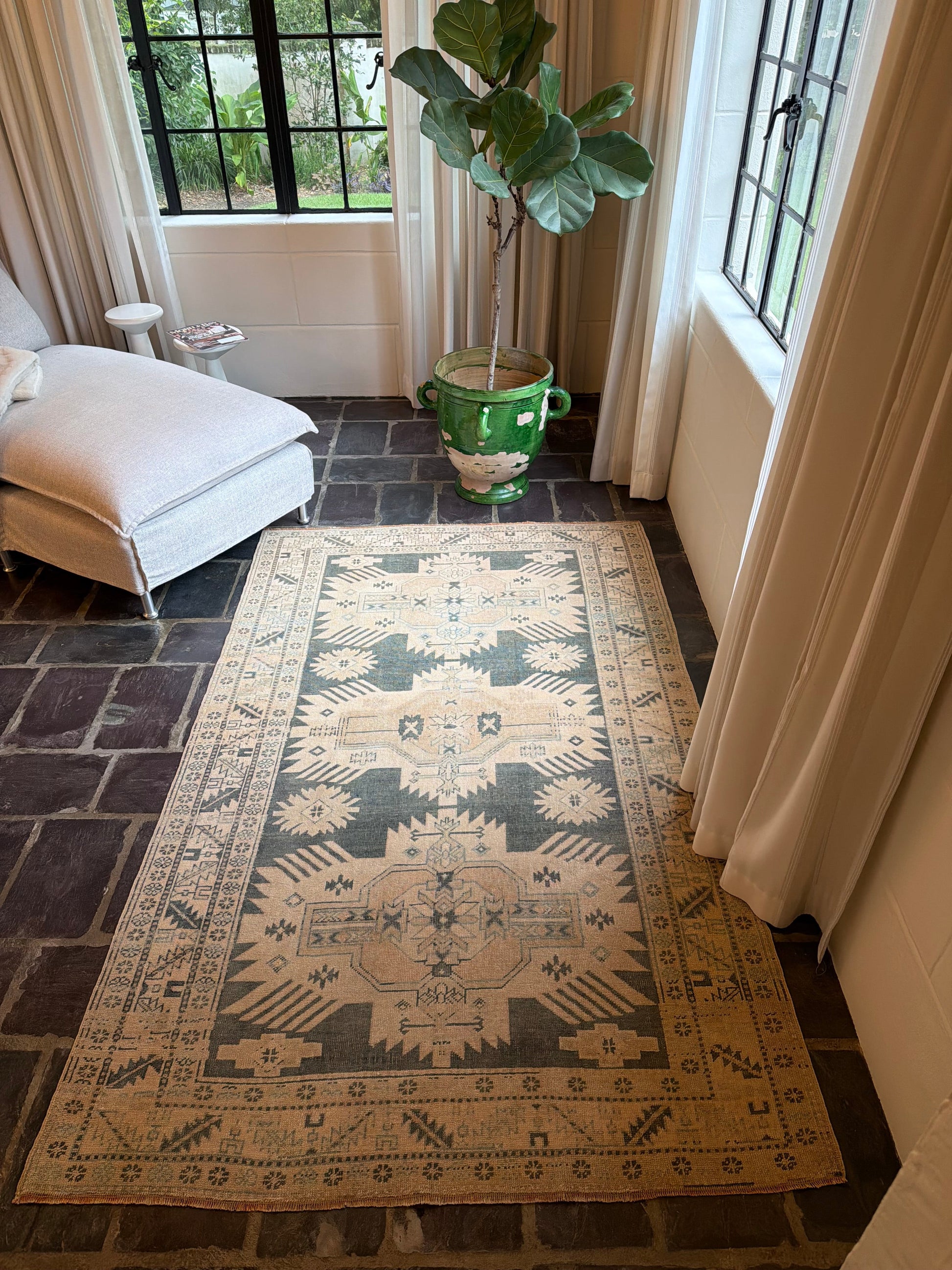 4’7”x7’4” Gorgeous vintage Oushak area rug in soft green and light beige colors