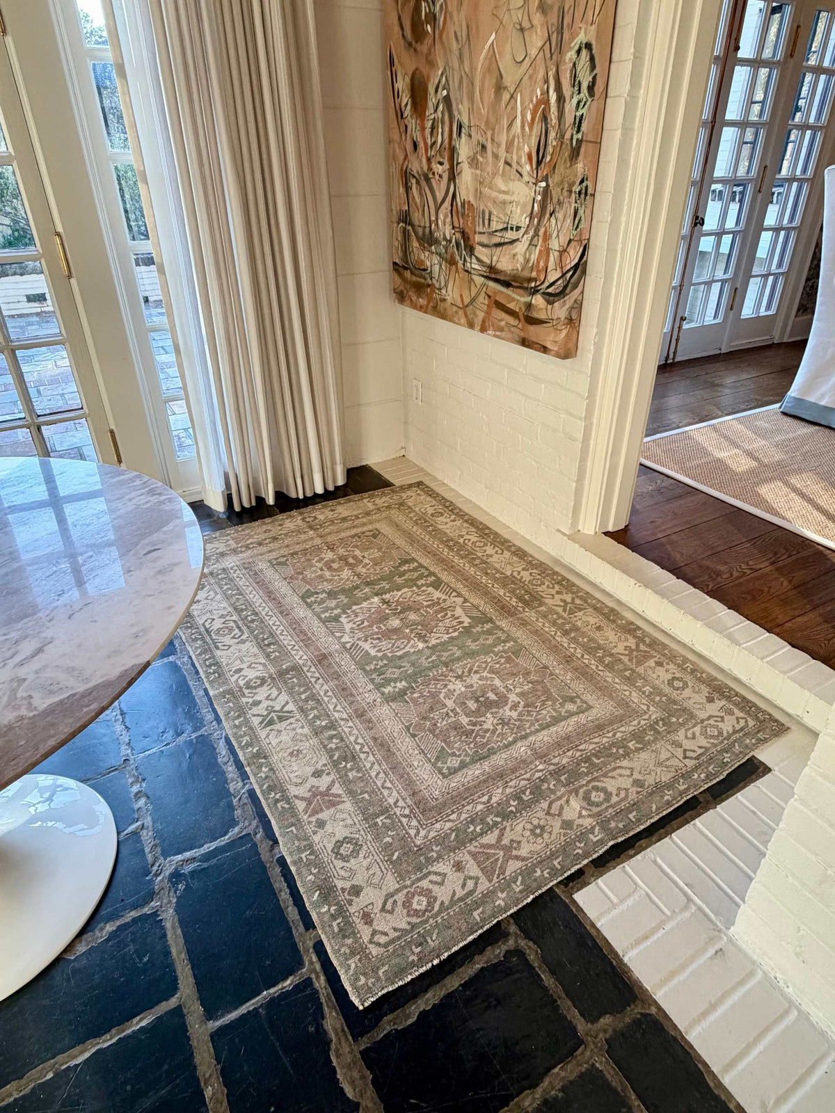 4’4”x6’5” Olive Green and Dusty Rose Vintage Area Rug