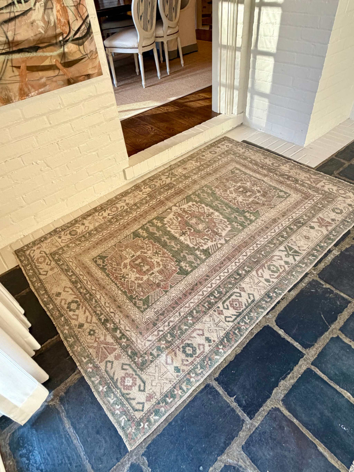 4’4”x6’5” Olive Green and Dusty Rose Vintage Area Rug
