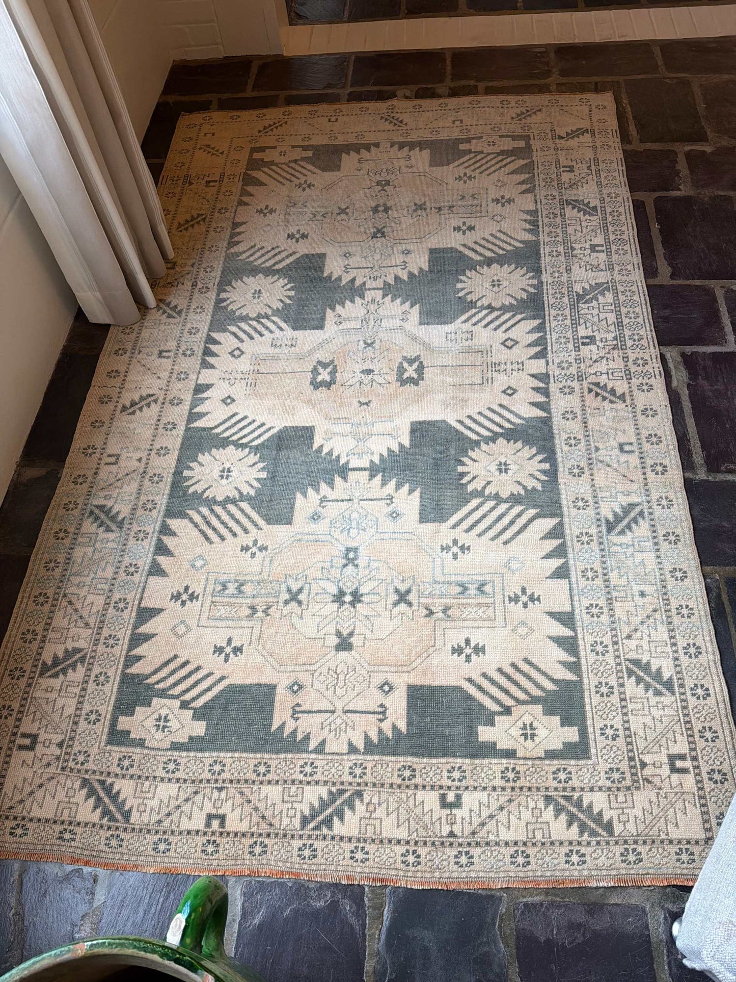 4’7”x7’4” gorgeous vintage Oushak area rug with soft green and light beige colors