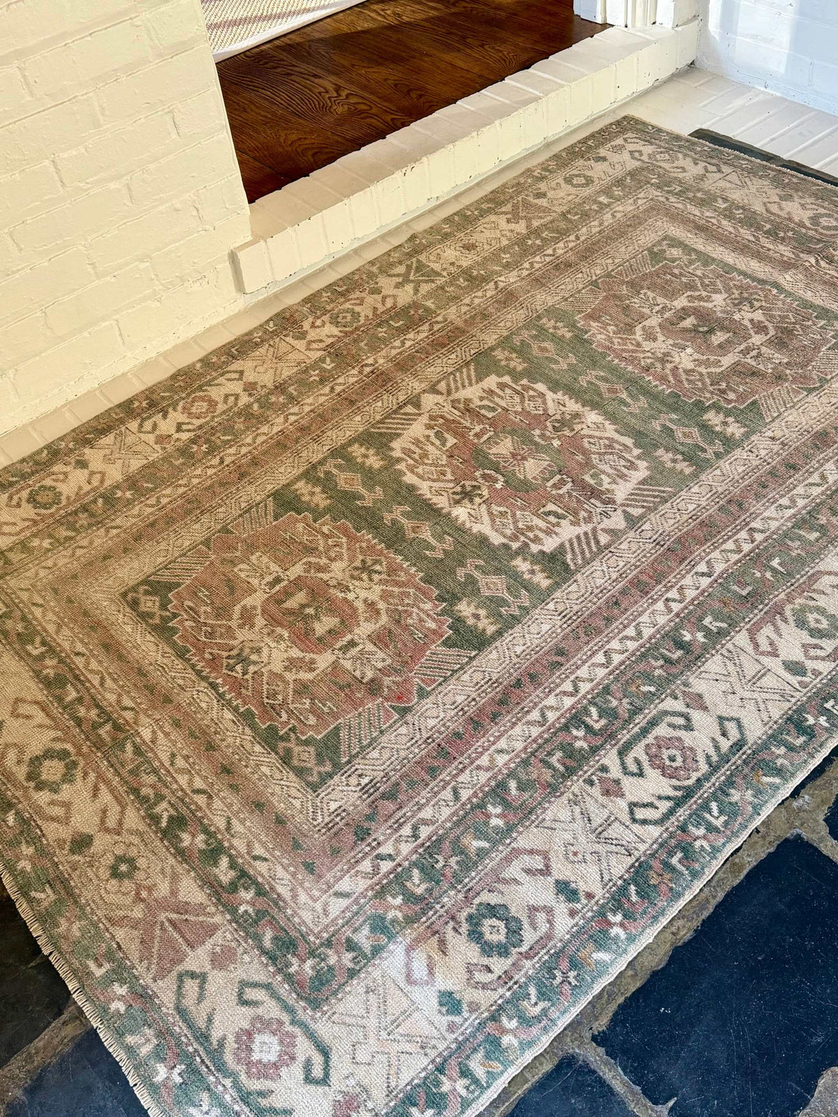 4’4”x6’5” Olive Green and Dusty Rose Vintage Area Rug