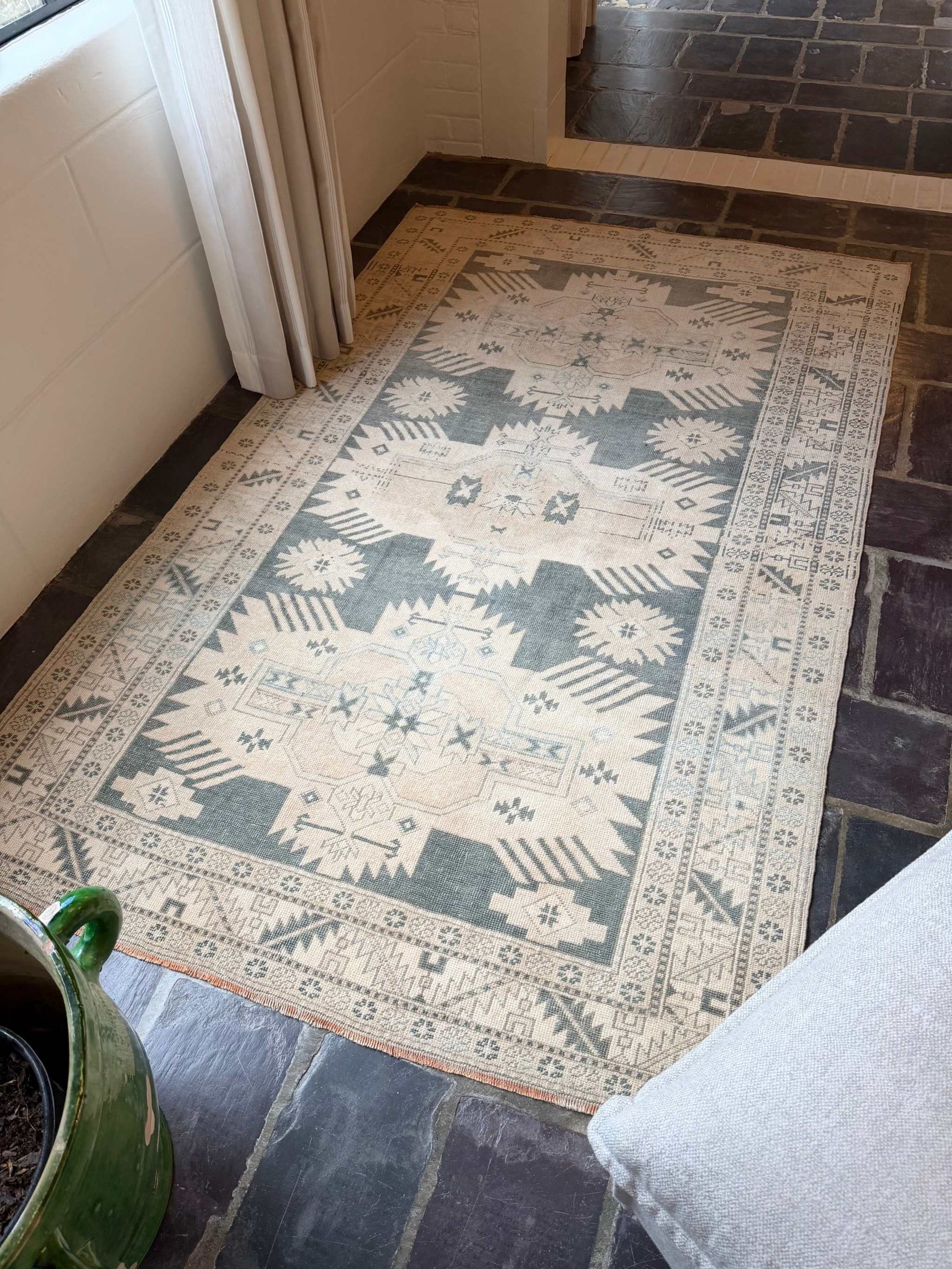 4’7”x7’4” gorgeous vintage Oushak area rug in soft green and light beige