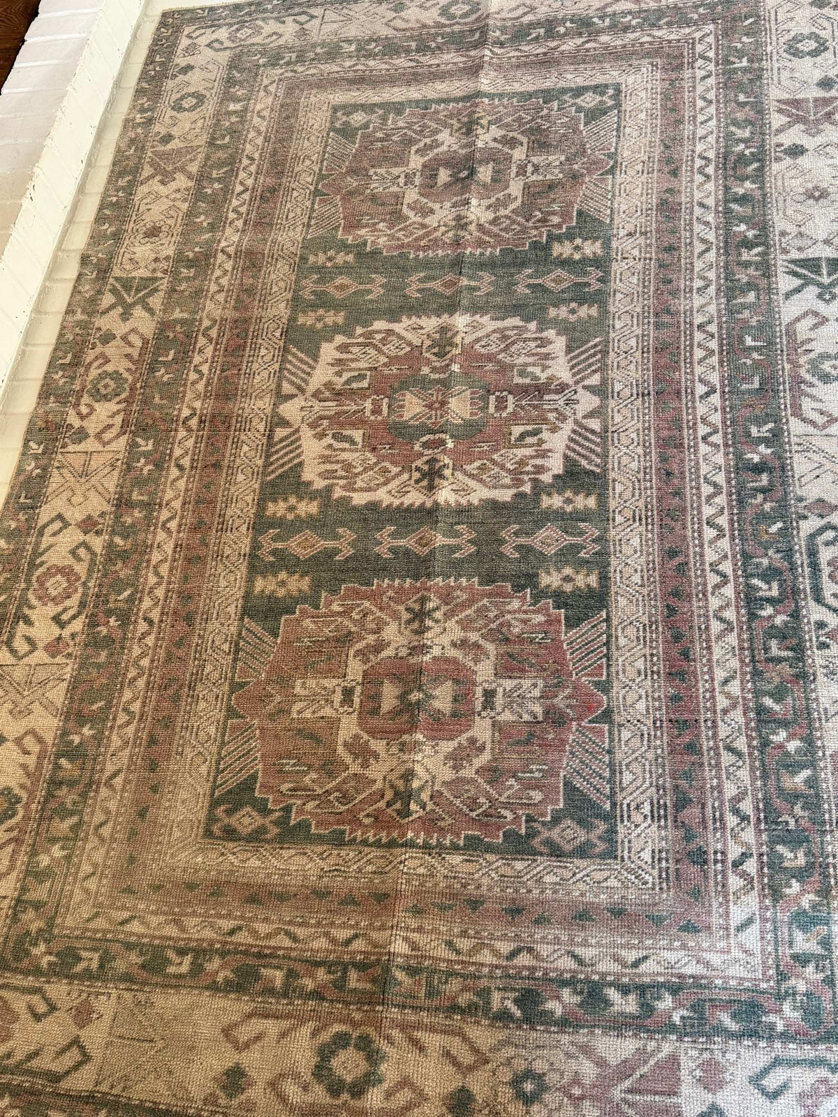 4’4”x6’5” Olive Green and Dusty Rose Vintage Area Rug