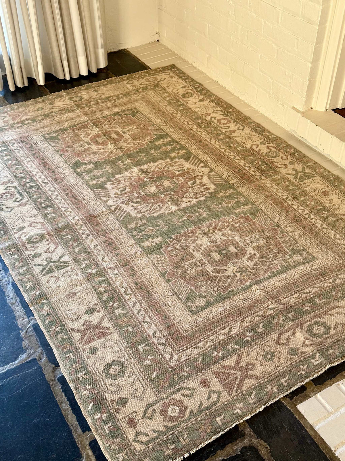 4’4”x6’5” Olive Green and Dusty Rose Vintage Area Rug