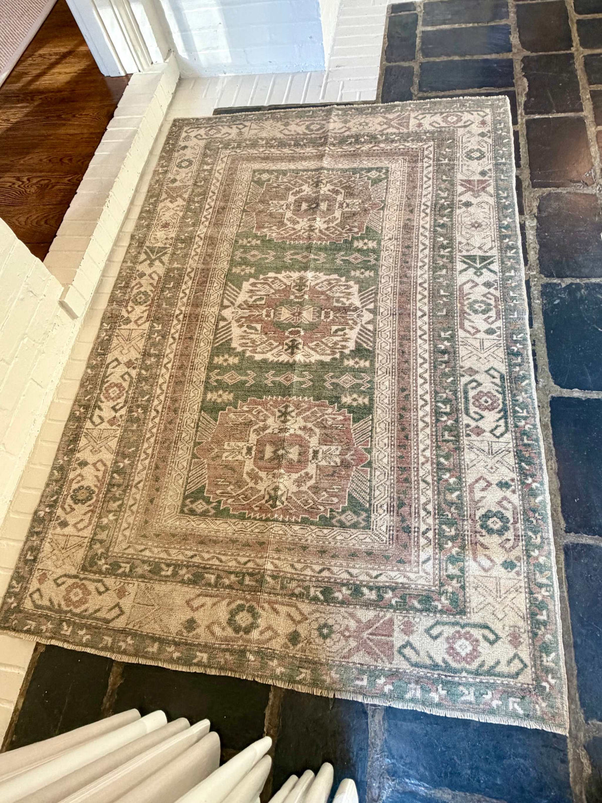 4’4”x6’5” Olive Green and Dusty Rose Vintage Area Rug