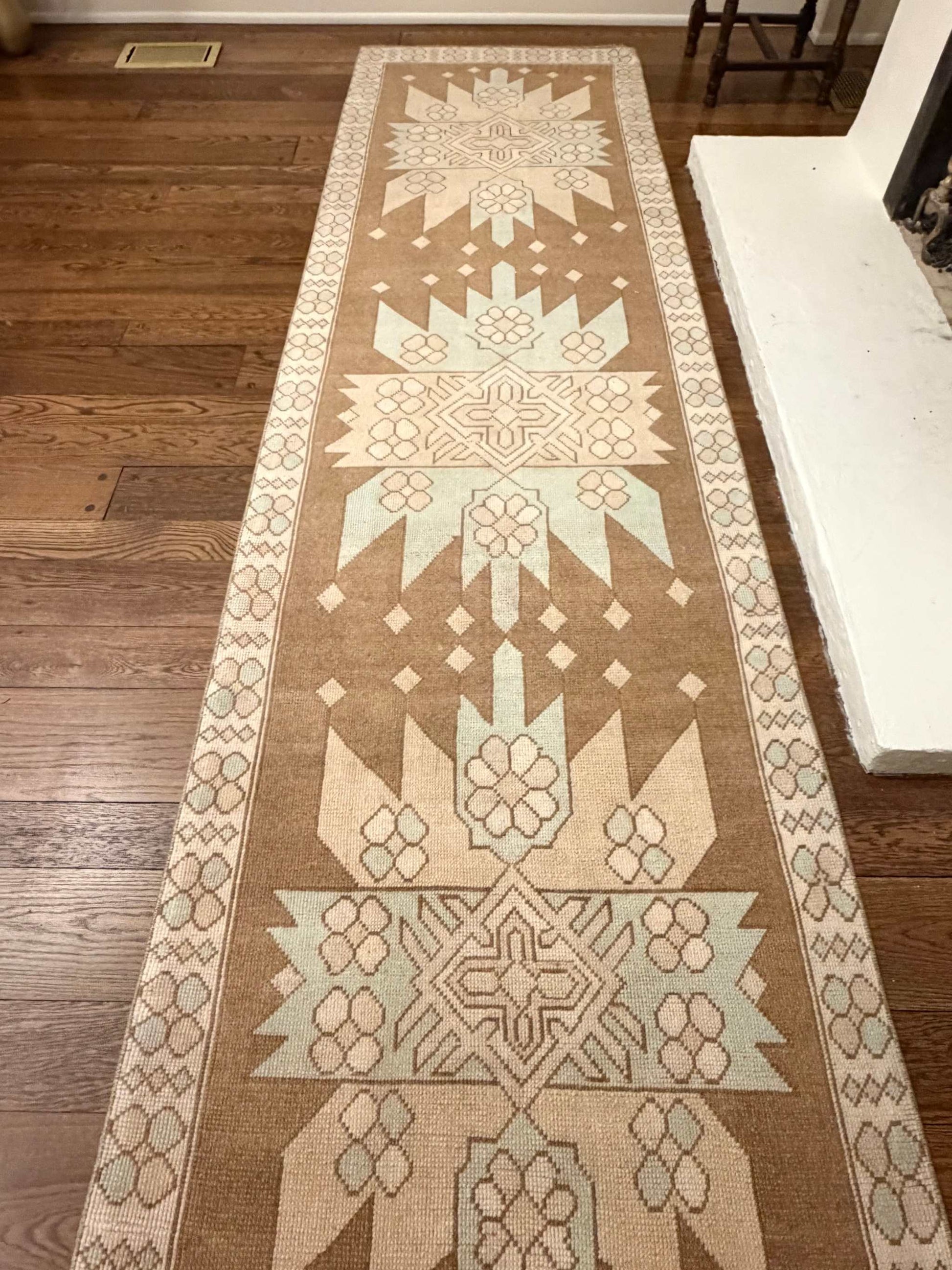 3’4”x12’5” Vintage Turkish runner with beige, brown, blue, and cream colors