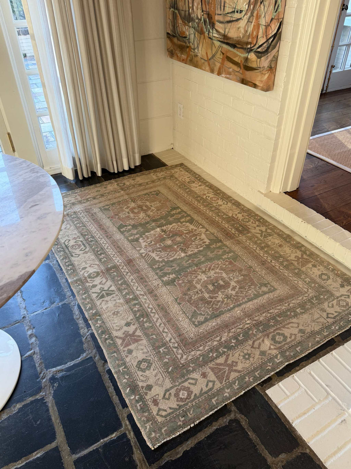4’4”x6’5” Olive Green and Dusty Rose Vintage Area Rug