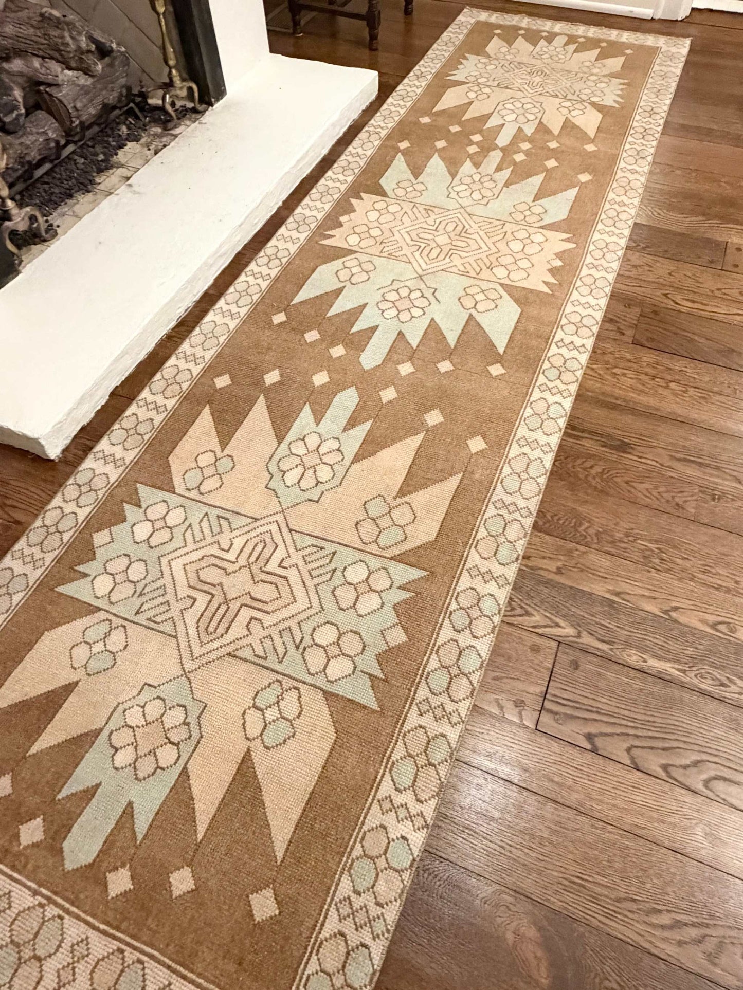 3’4”x12’5” vintage Turkish runner with beige, brown, blue, and cream colors