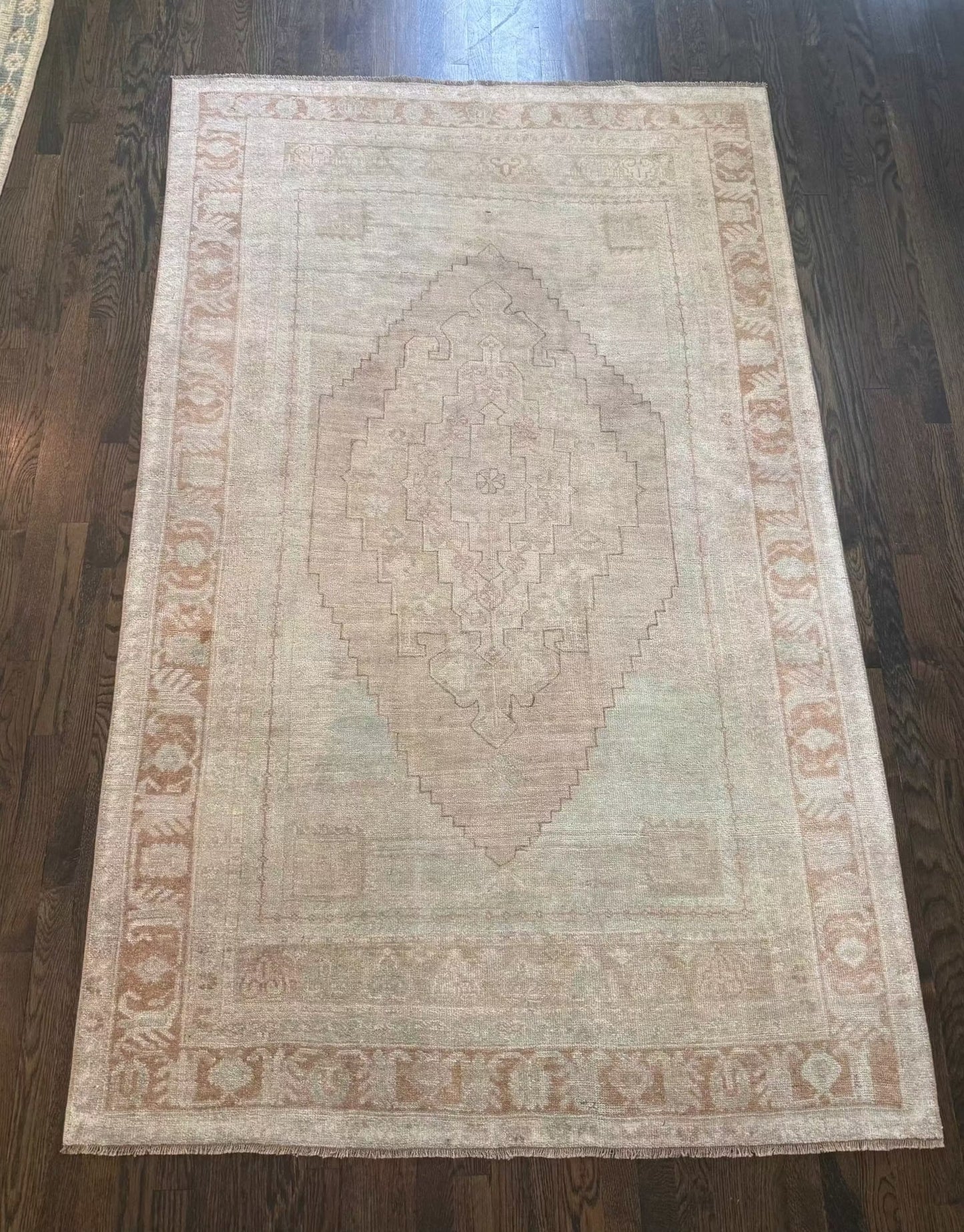 4’7” x 7’3” vintage area rug with light blues, beige, grey, brown, soft greens, and muted yellows layered over jute rug