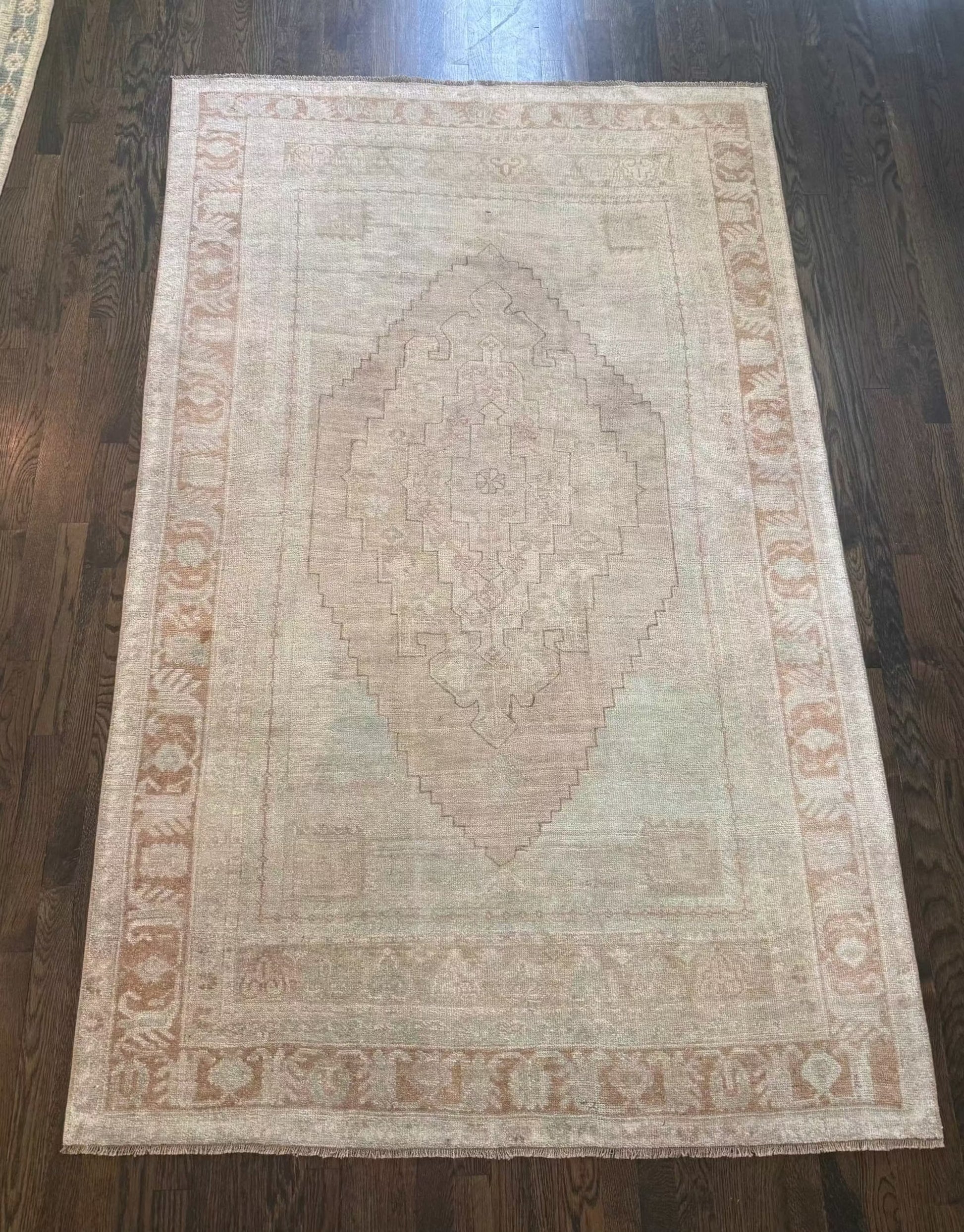4’7” x 7’3” vintage area rug with light blues, beige, grey, brown, soft greens, and muted yellows layered over jute rug