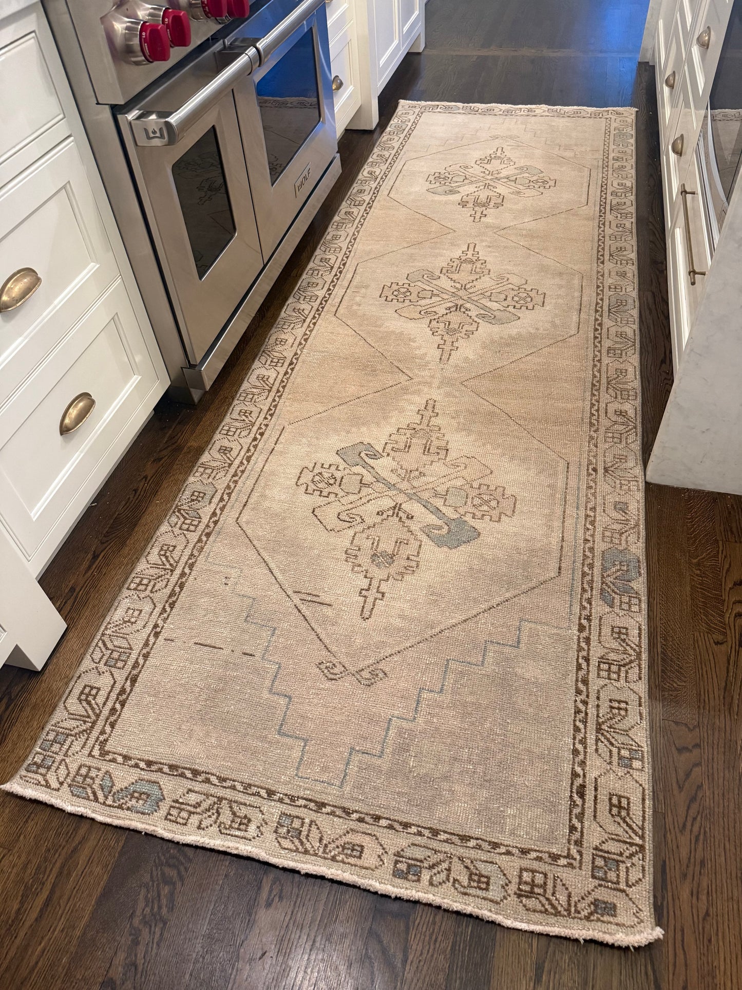 3’4” x 10’3” Runner, beige wool rug with distressed geometric and floral medallion patterns, bordered design