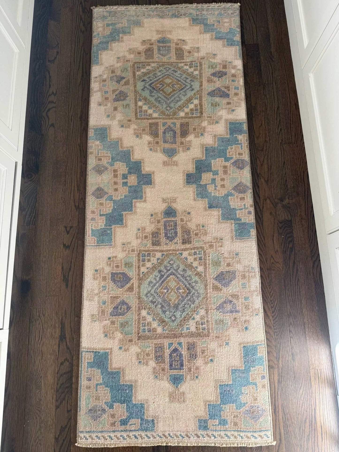 2’3”x6’2” runner with blues, greens, and lavender design