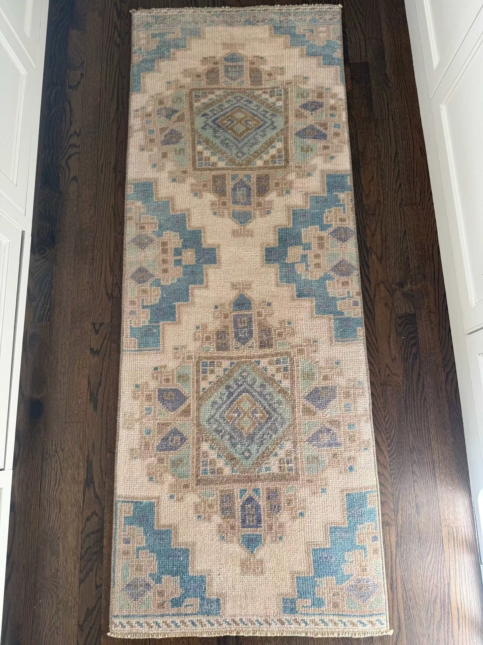 2’3”x6’2” runner with blues, greens, and lavender design