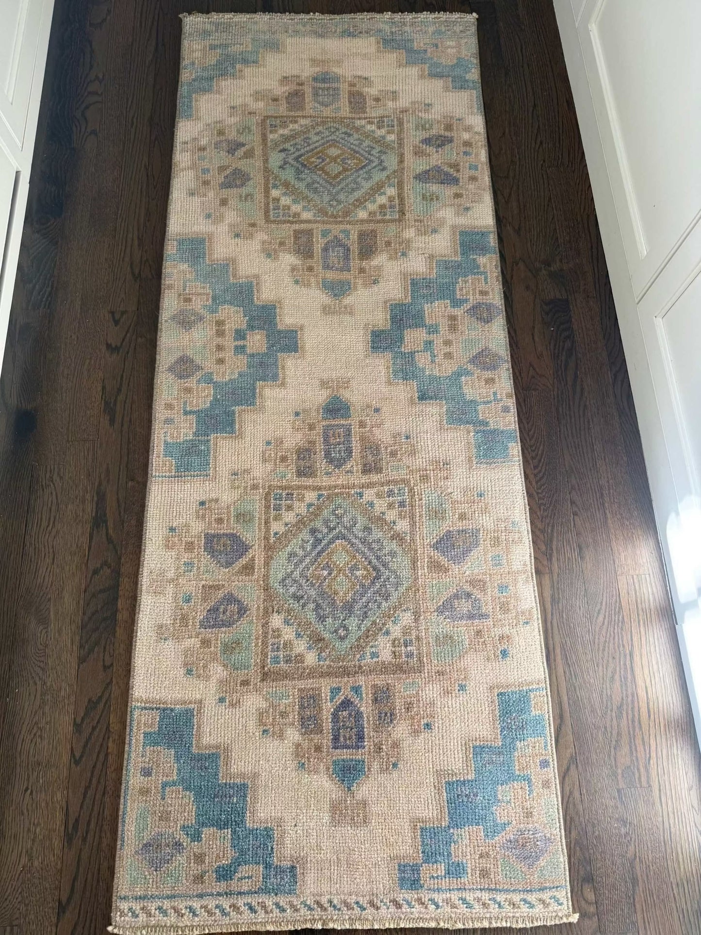 2’3”x6’2” runner with blues, greens, and lavender design