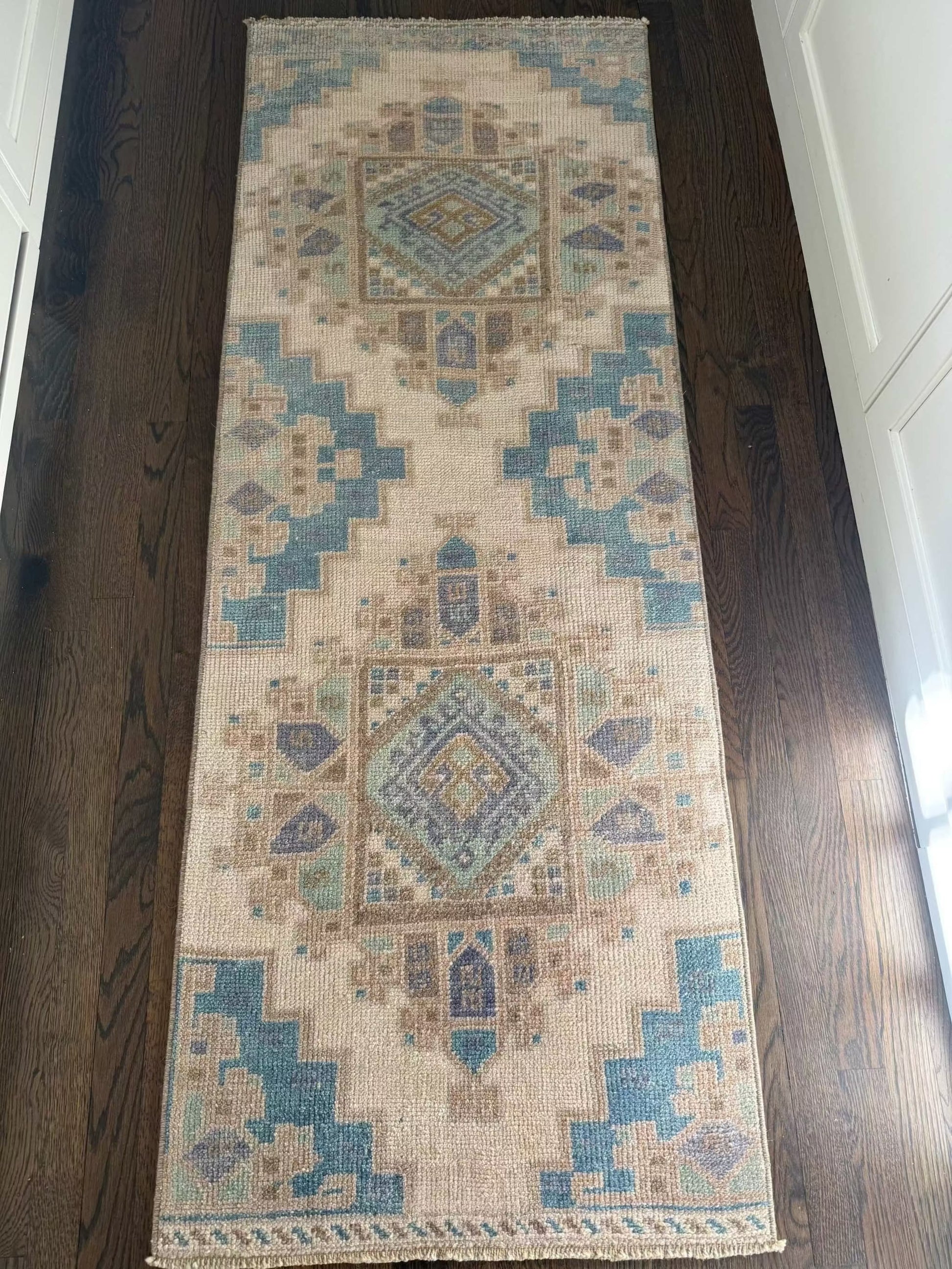 2’3”x6’2” runner with blues, greens, and lavender design