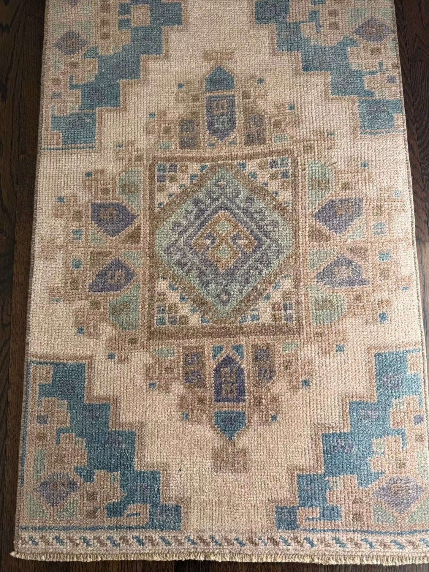 2’3”x6’2” runner with blues, greens, and lavender colors
