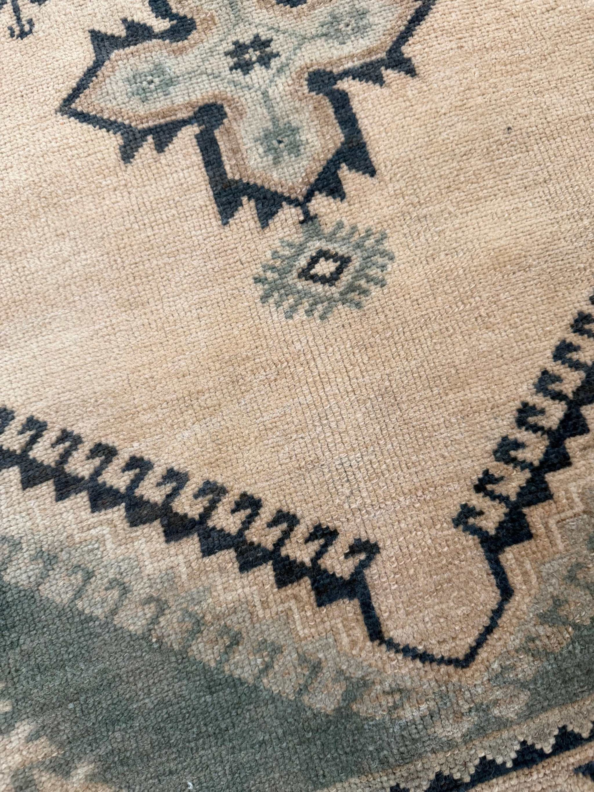 2'11" x 8'5" hand-knotted vintage runner with blue-green and beige cross center design