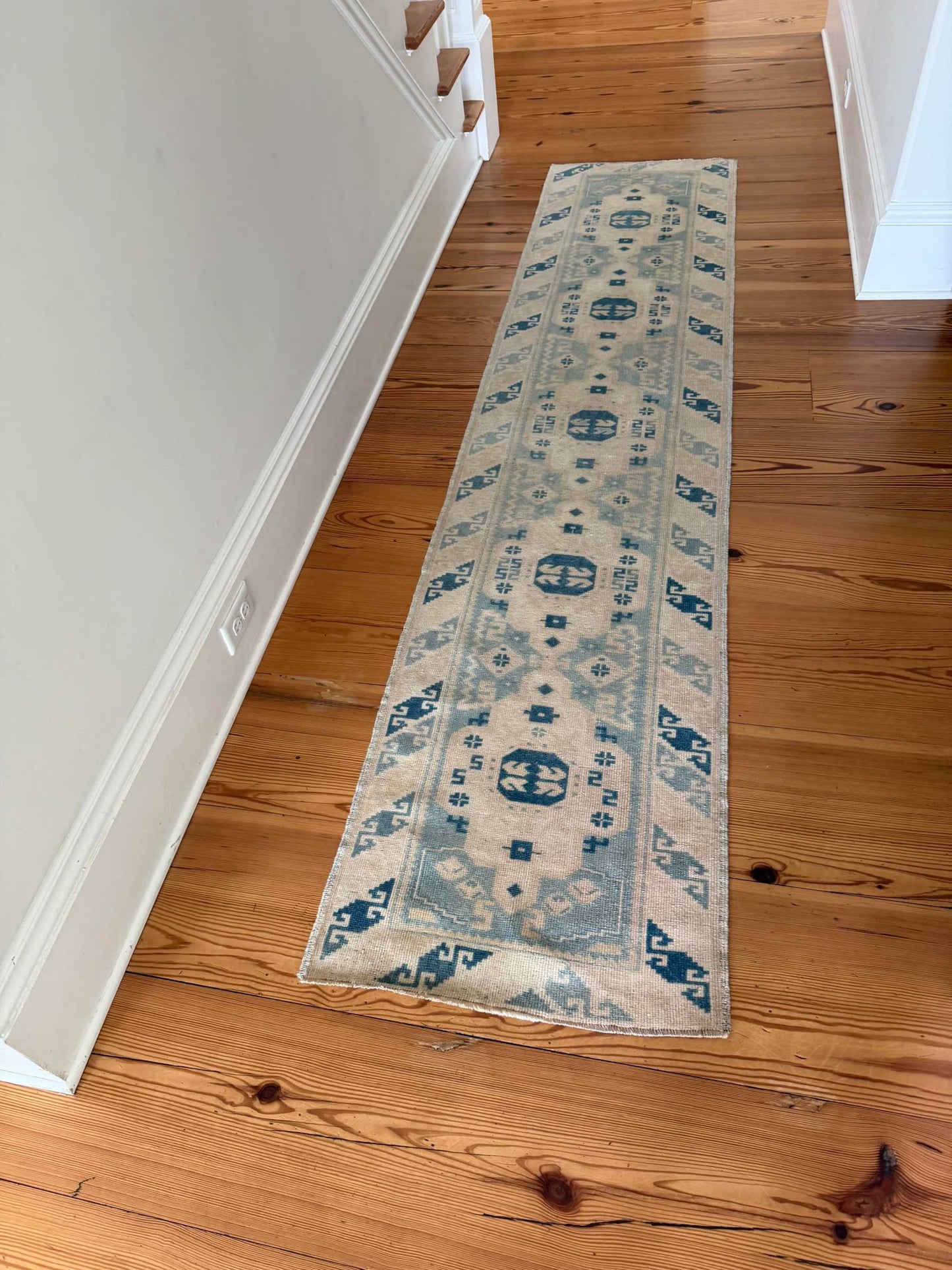 2' x 9'3" Narrow Runner hand-knotted vintage with rich blues and creamy ivory tones in narrow design