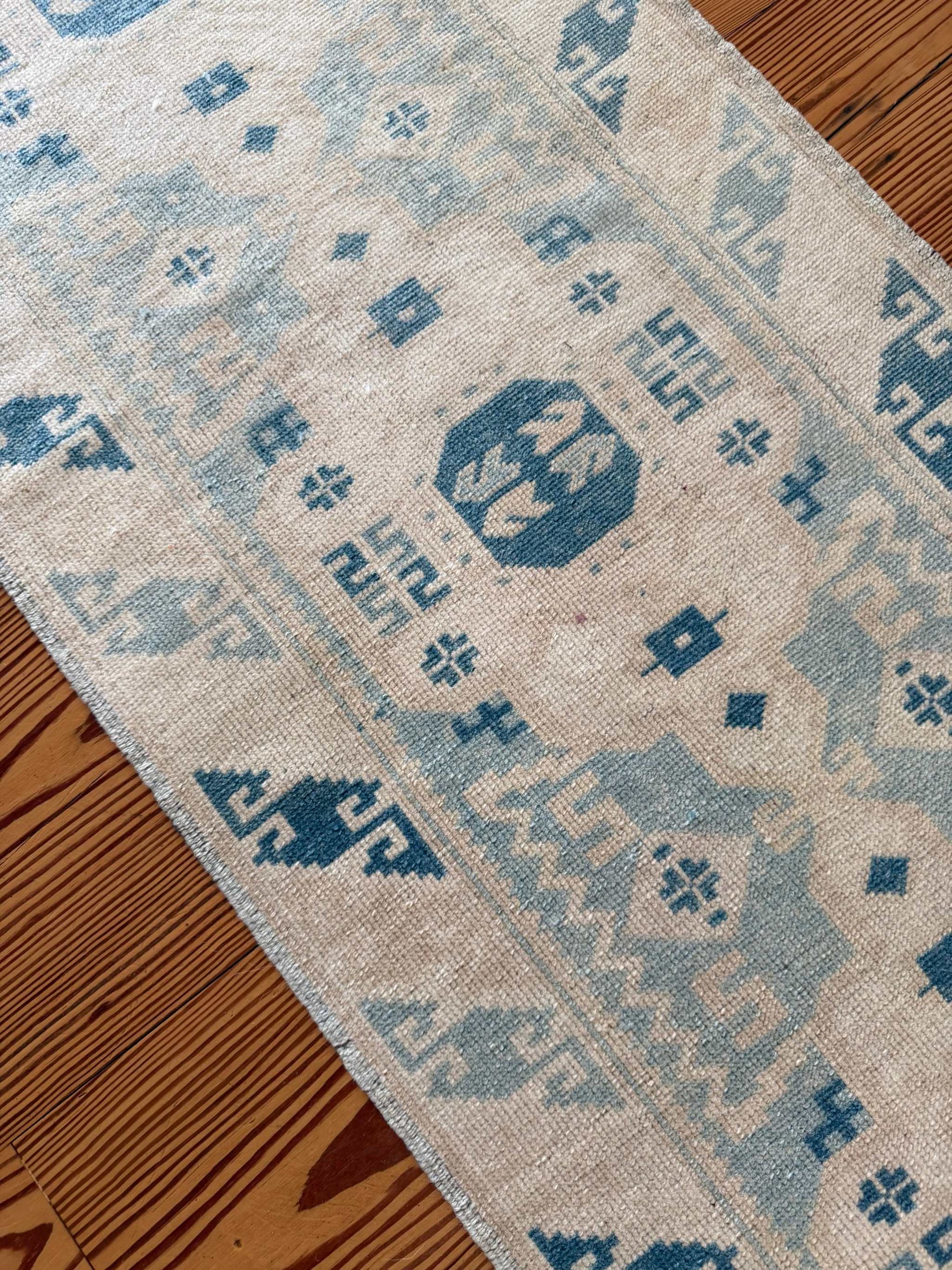 2' x 9'3" narrow runner with blues and ivory tones, hand-knotted vintage style for hallways and entryways