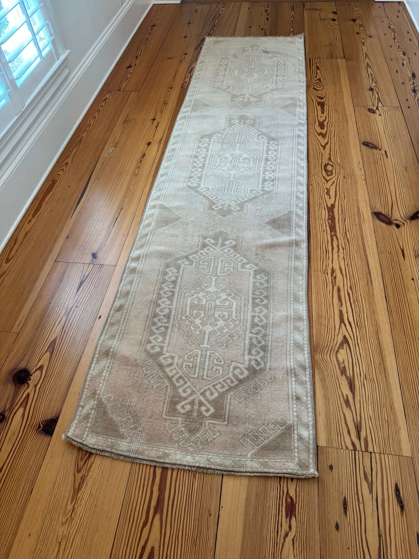 Neutral ivory, beige, and brown 2’8” x 11’ runner rug on wooden floor