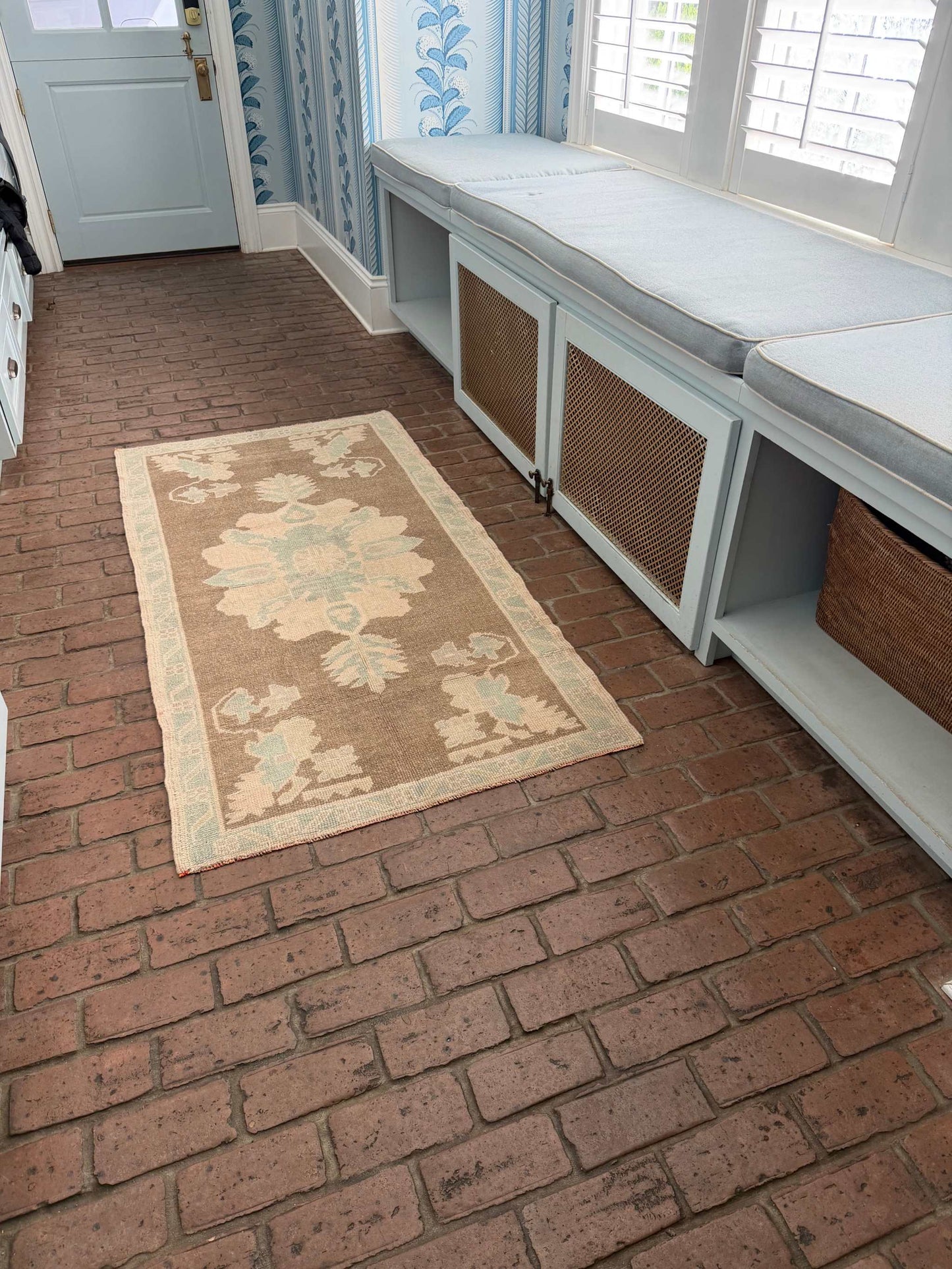 3'1" x 6'1" hand-knotted runner rug with brown background and taupe blue designs