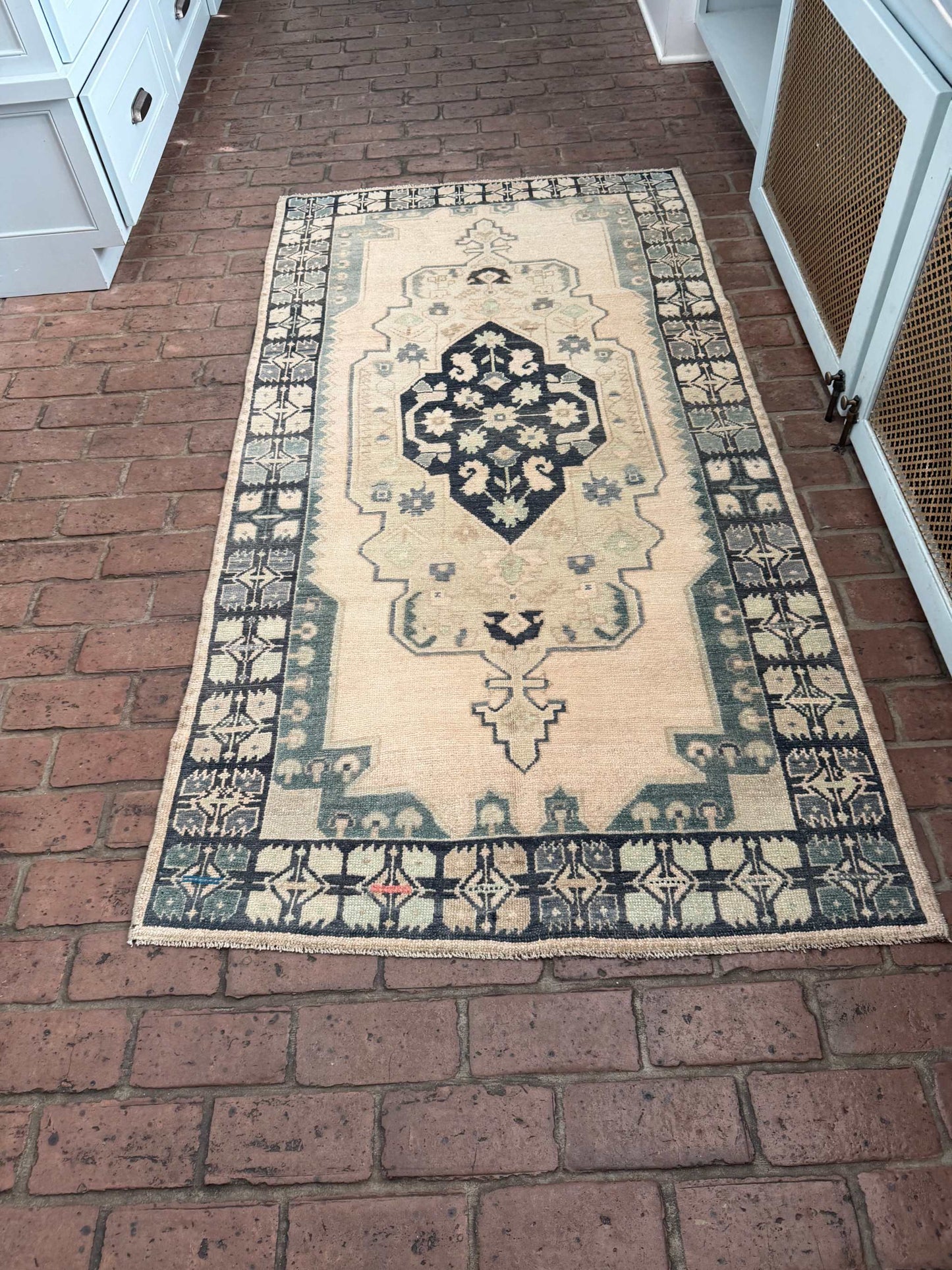 3'4" x 6'5" hand knotted area rug with blues, greens, taupe, and unique pink spot