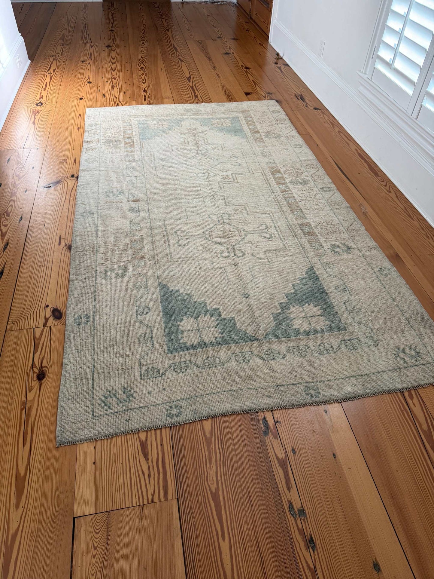 4'8" x 8'1" hand knotted area rug with neutral background and teal medallions