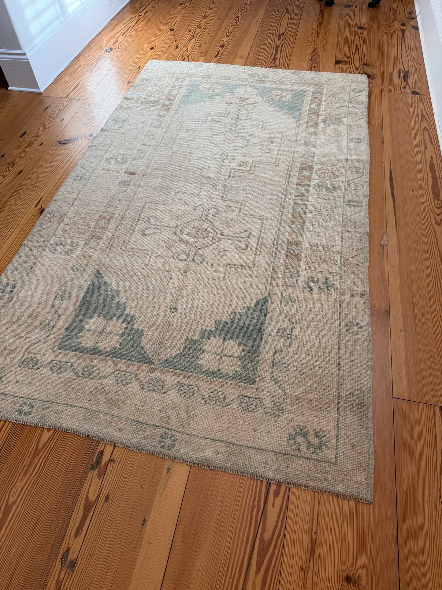 4'8" x 8'1" hand knotted area rug with neutral background and teal medallions