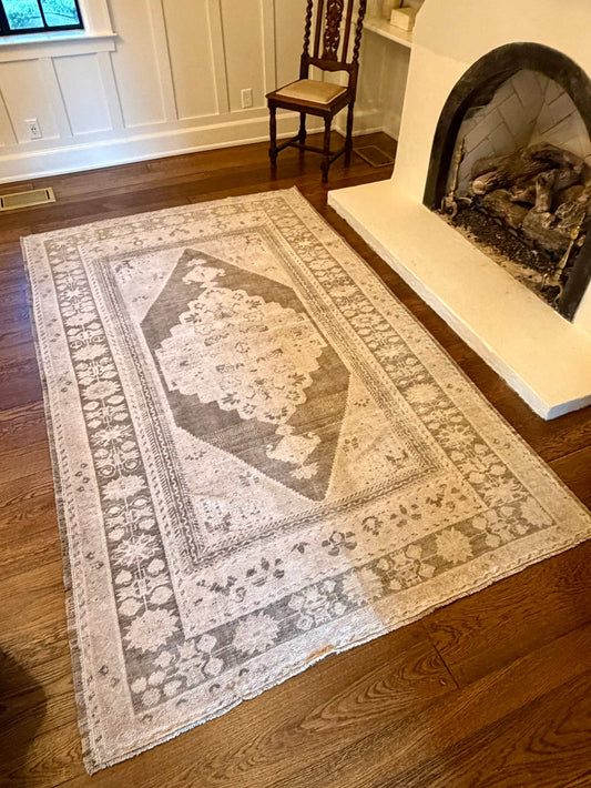 5’7”x9’1” Muted Olive Green and Mushroom Taupe Turkish Rug