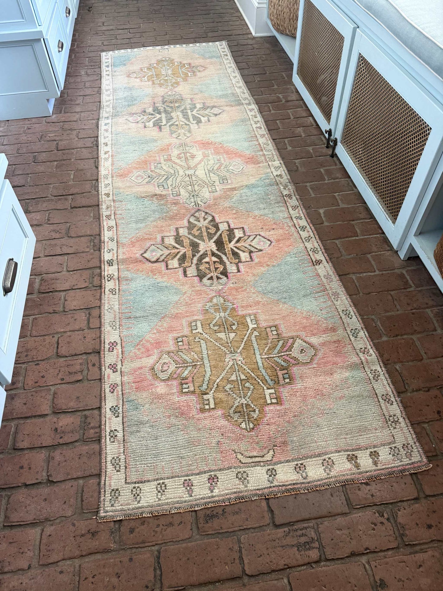 3'1" x 10'6" Turkish Rug Runner with blues, blush, pinks, and browns