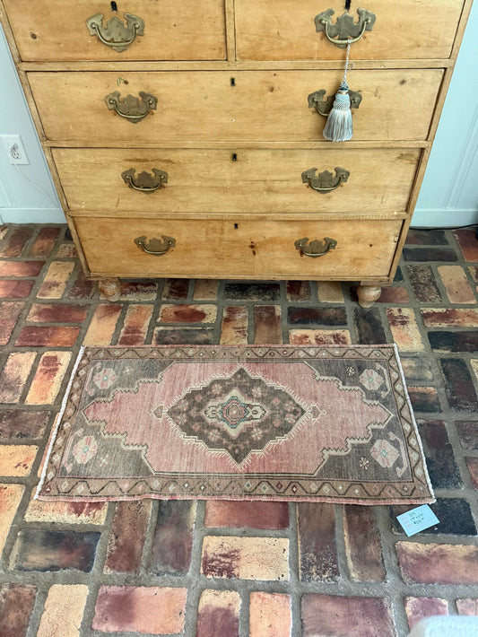 Small 1'9" x 3'4" vintage Turkish mat with brick red and brown hand-knotted wool design