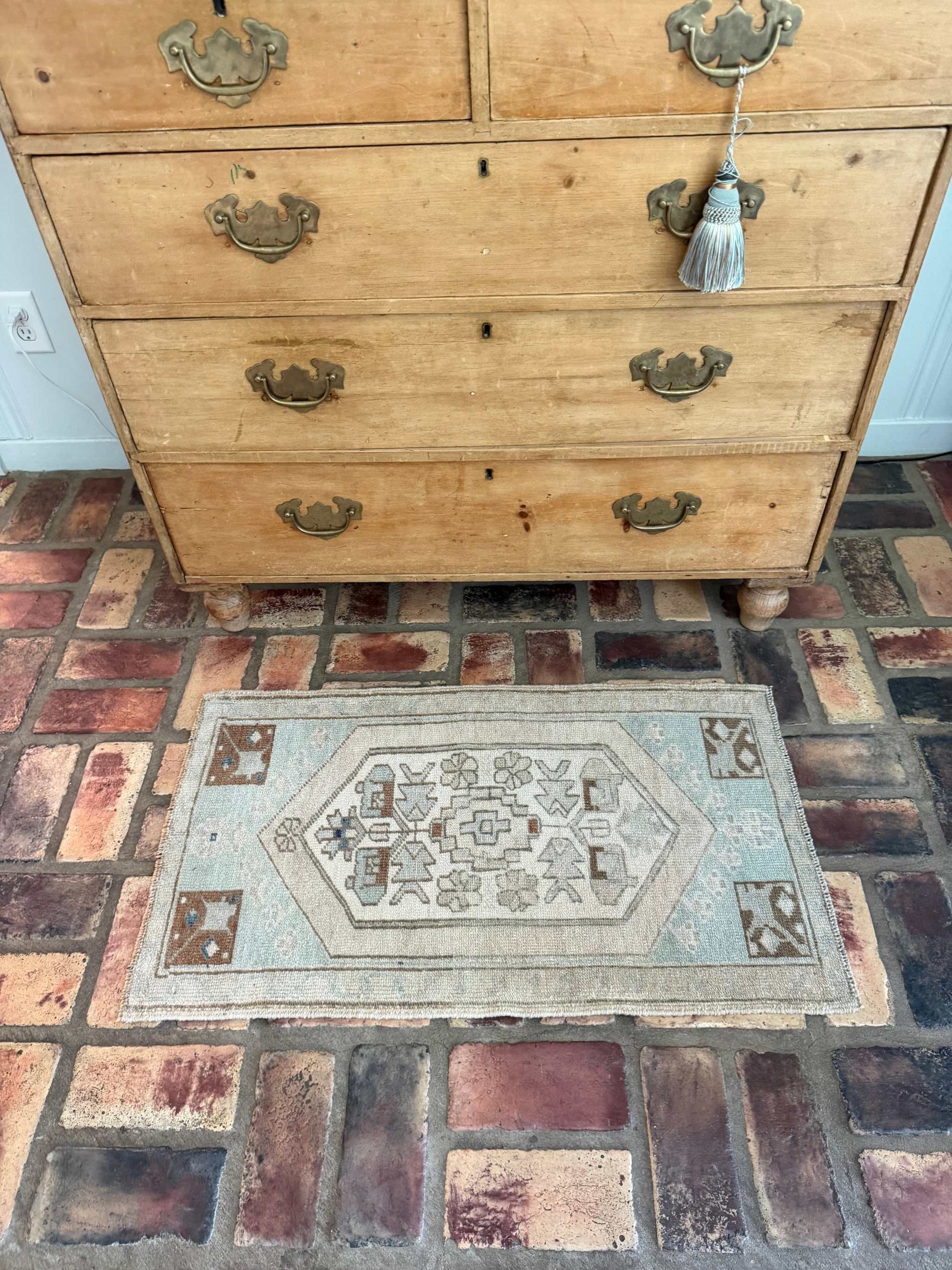 Small vintage Oushak rug hand-knotted wool pale blue beige brown
