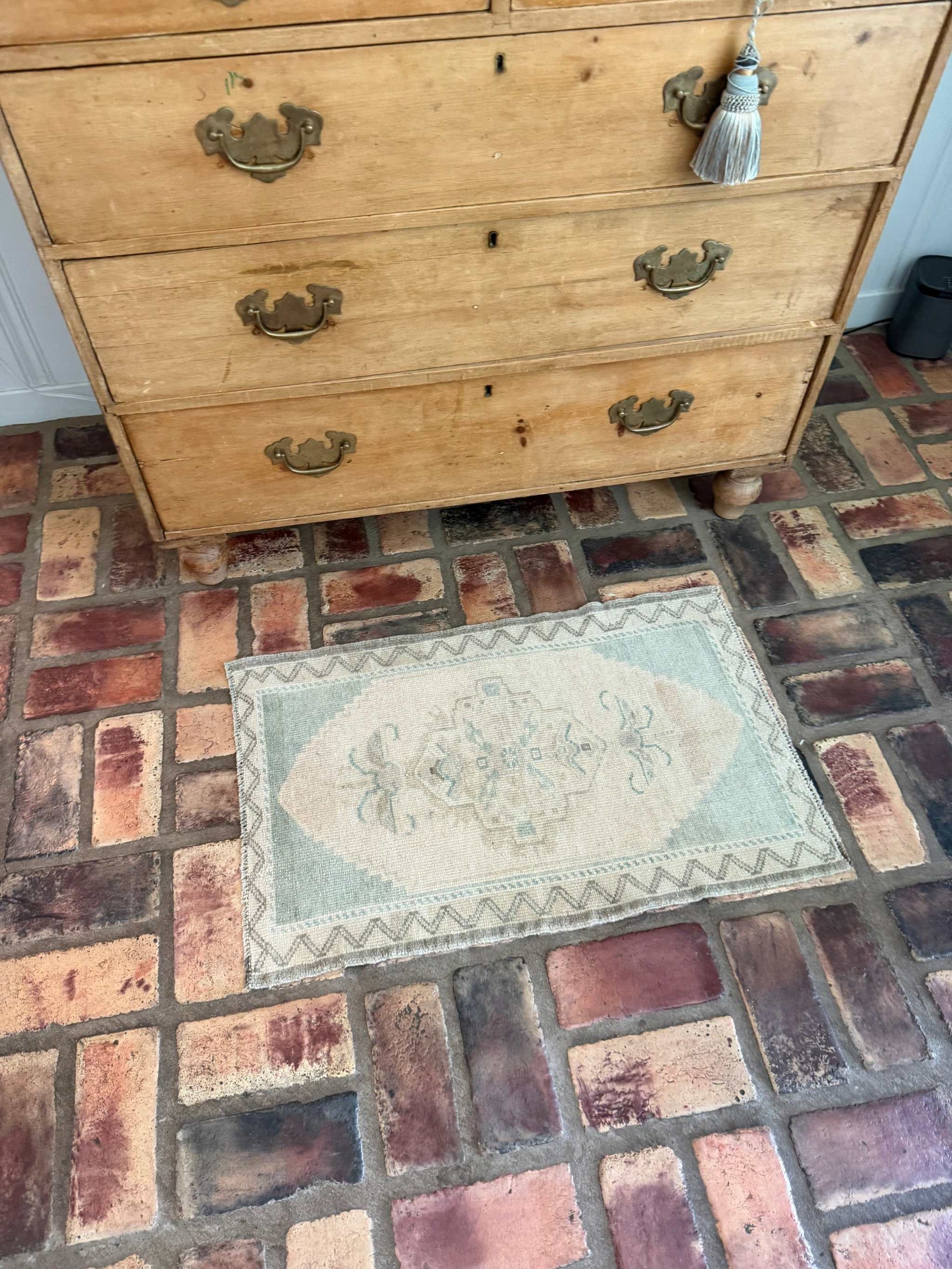 Small Oushak Rug hand-knotted wool pale blue beige vintage design