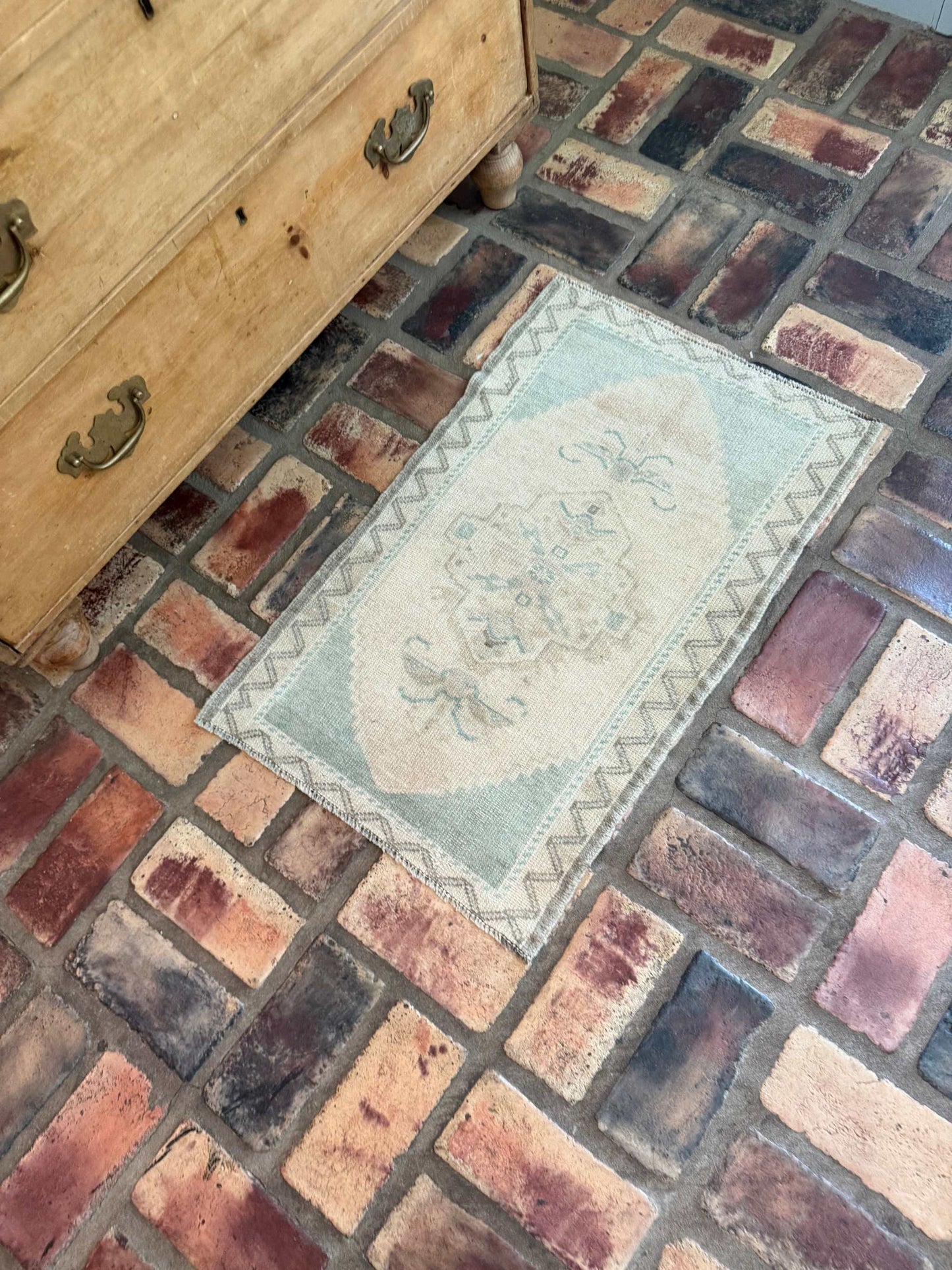 Small Oushak rug in pale blue and beige, hand-knotted wool vintage design