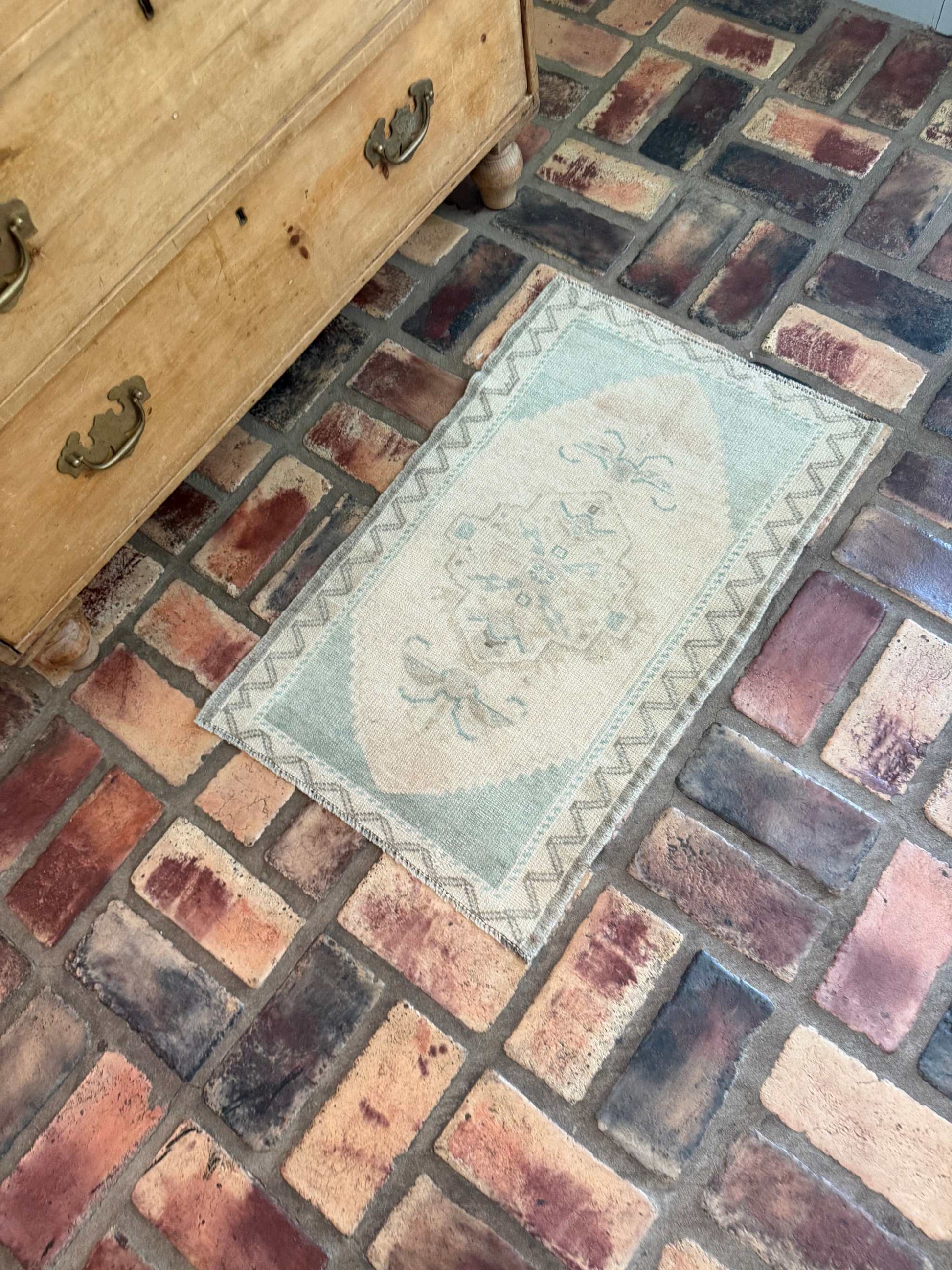 Small Oushak rug in pale blue and beige, hand-knotted wool vintage design