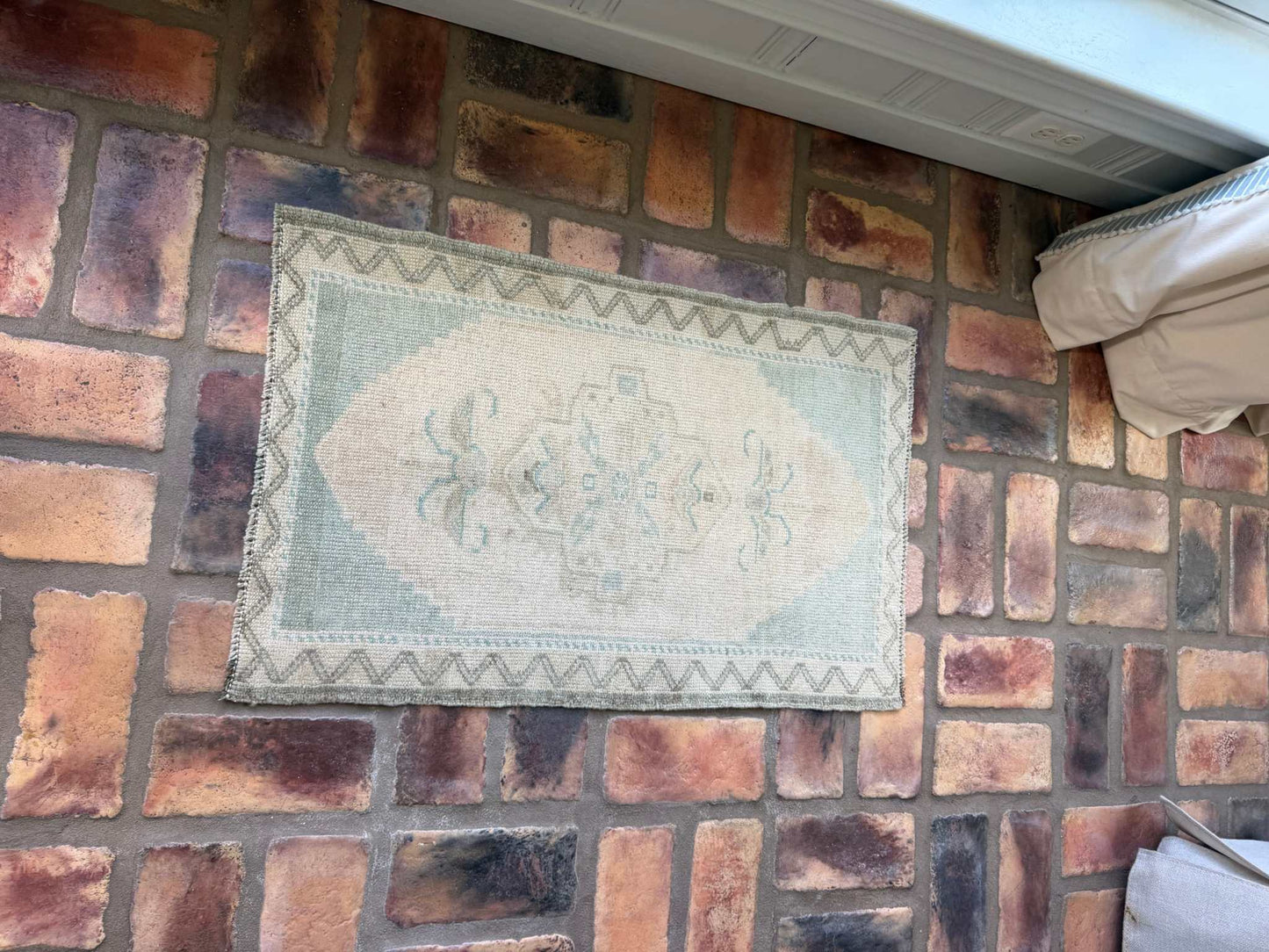 Small Oushak Rug in pale blue and beige hand-knotted wool vintage design